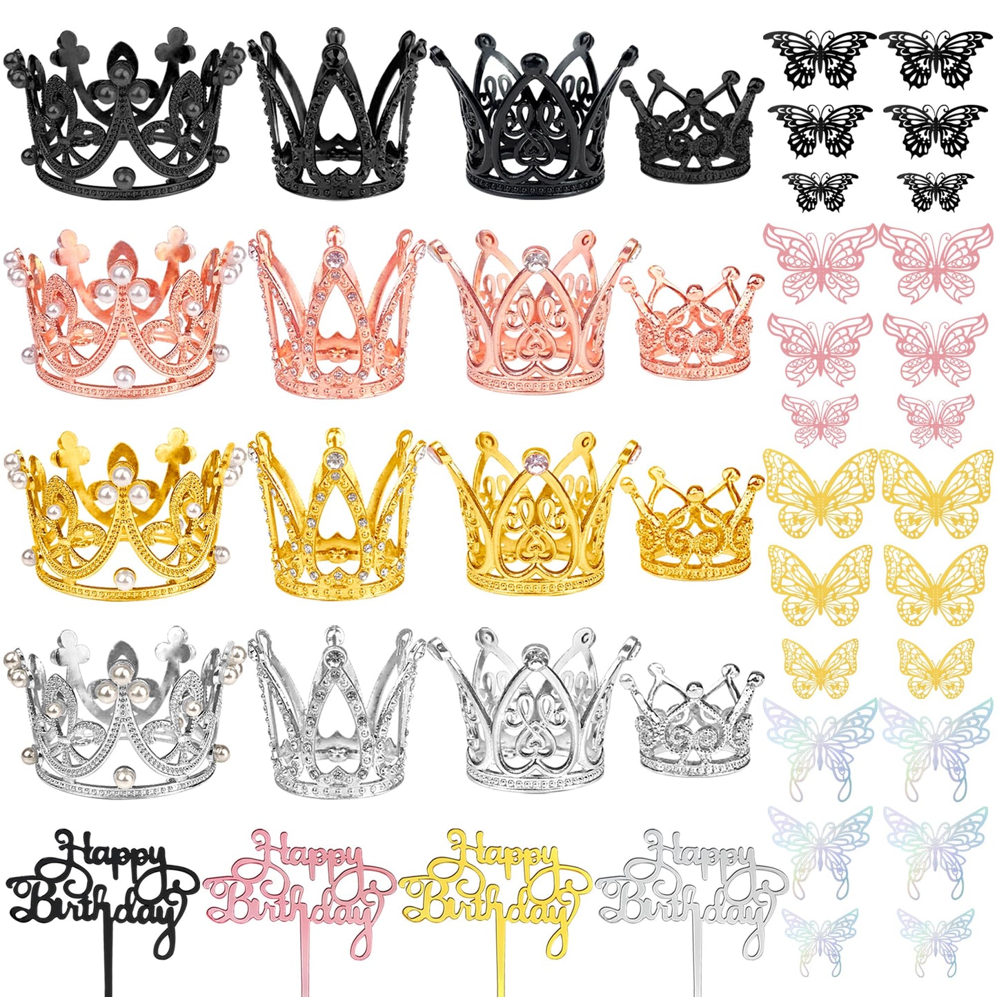 44 PCS Grown Cake Decorations 16 PCS Mini Crowns with 24 PCS Butterfly Wall Decors and 4 PCS Birthday Insert Cards for Women Girl Crown Birthday Party