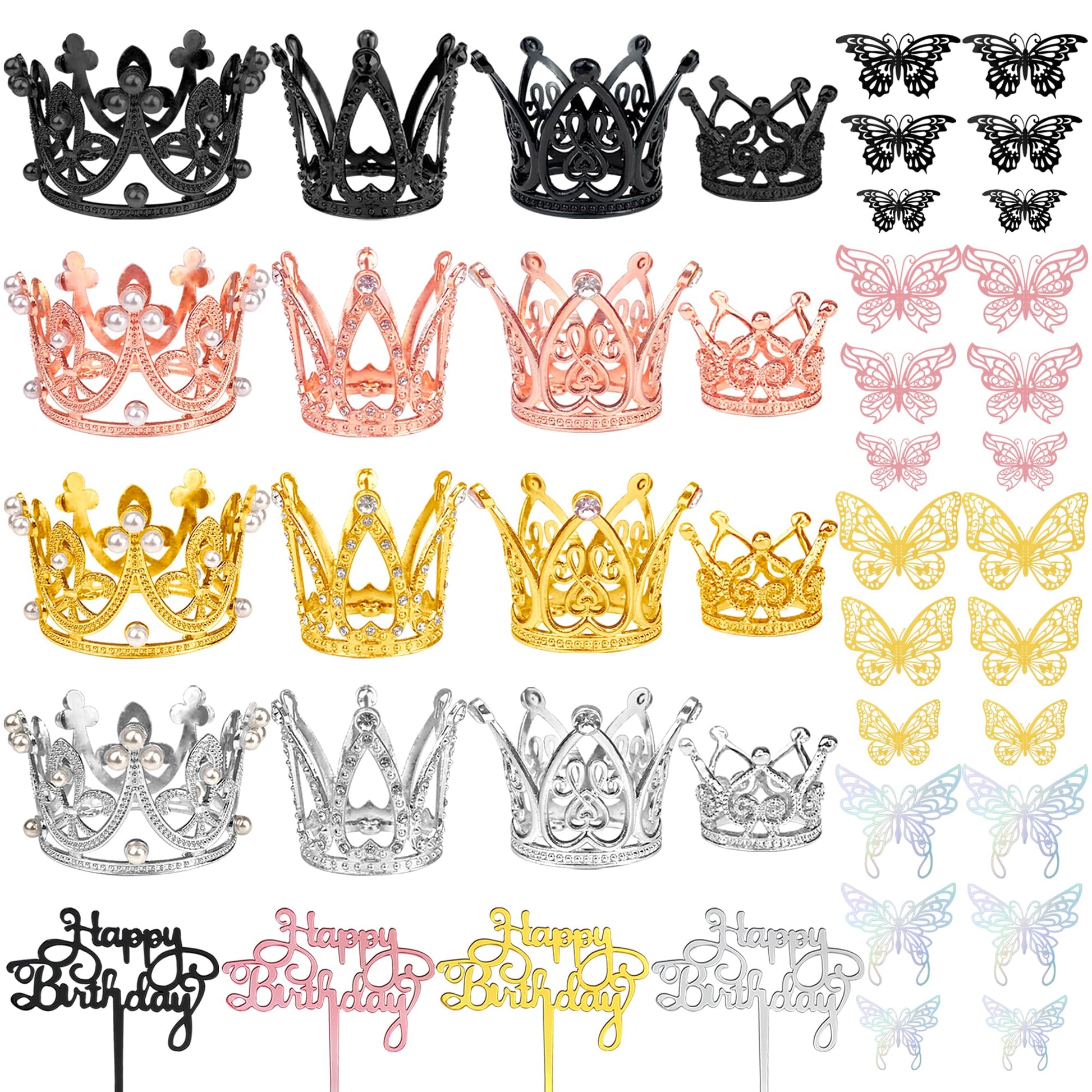 44 PCS Grown Cake Decorations 16 PCS Mini Crowns with 24 PCS Butterfly Wall Decors and 4 PCS Birthday Insert Cards for Women Girl Crown Birthday Party