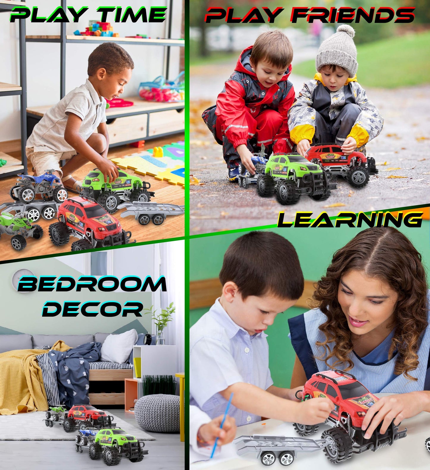 Mozlly Friction Powered Monster Trucks with SUV Towing ATV Trailers - 2 Sets of Monster Truck Toys with Removable Hook Up ATV Towing Trailers Toy