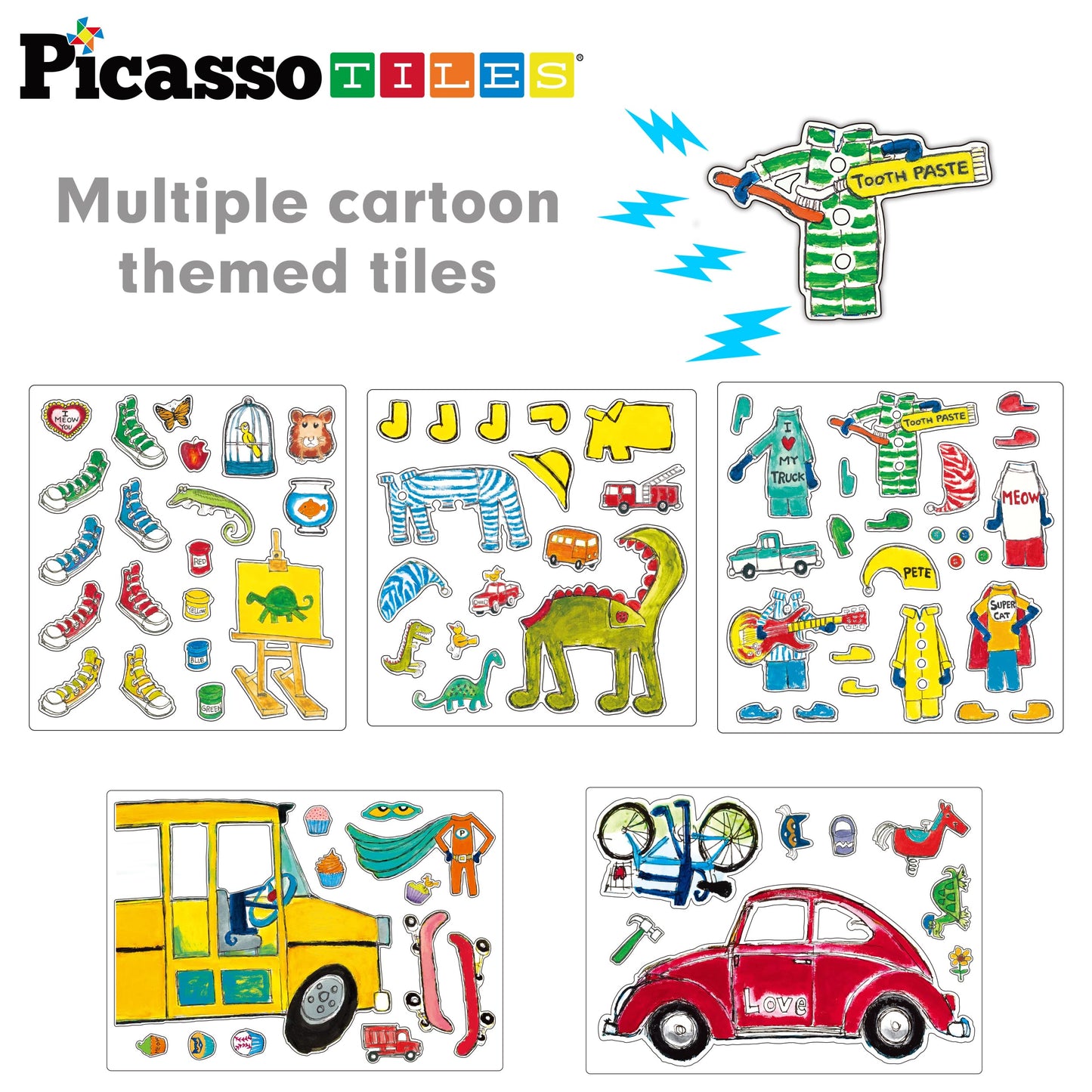 PicassoTiles Pete The Cat 80pc Magnetic Board Game Puzzle Playset Reusable Mix & Match Cartoon Toy with Storytelling, STEM Learning Activity Book