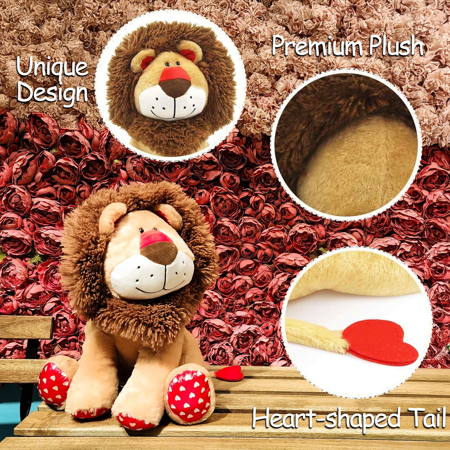 WEIGEDU Love Lion Stuffed Animal, King Lion Plush Toy with Mane Heart Shape Tail for Boy Girls Kids Baby Couple Lover Birthday Bedtime Gift, 13.8“