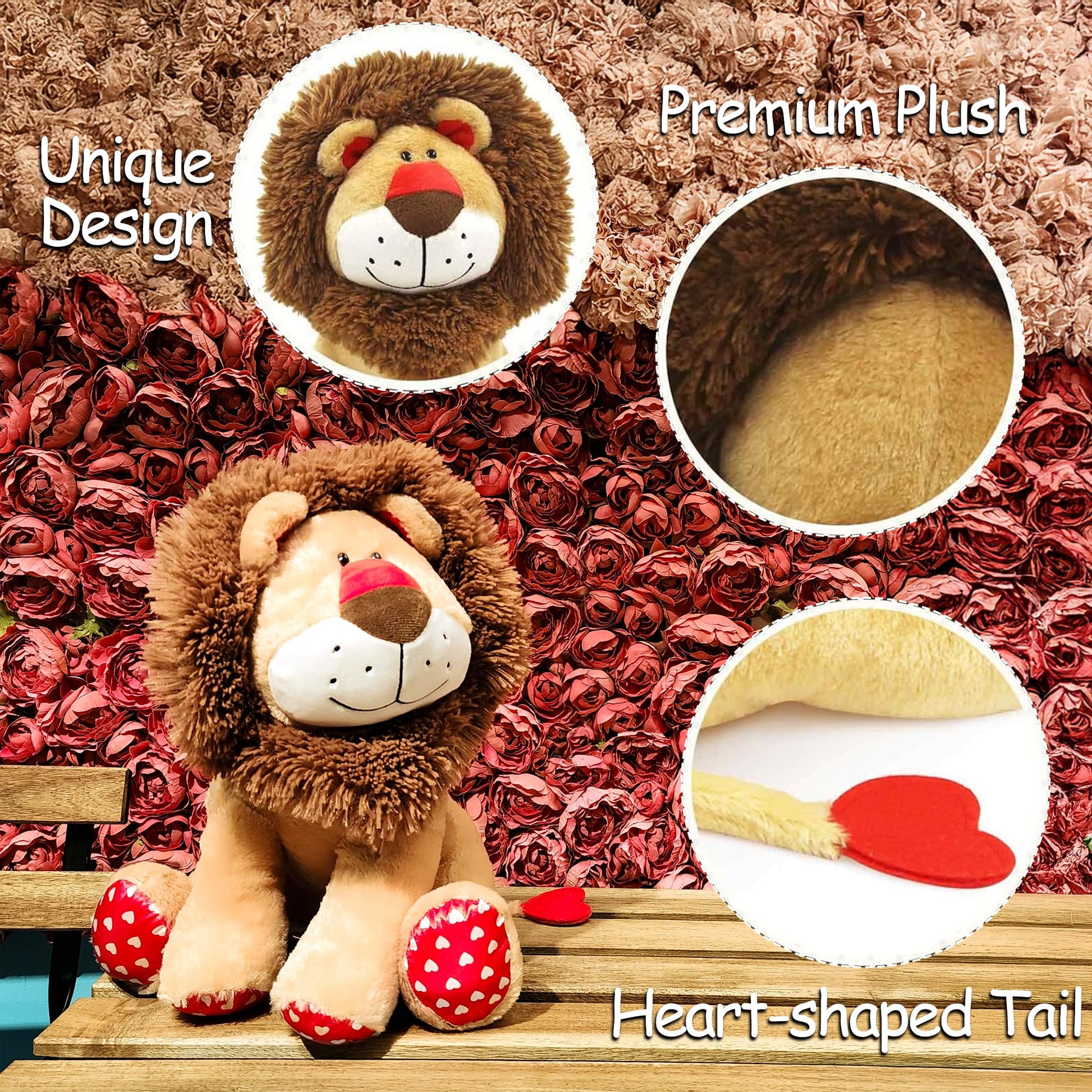 WEIGEDU Love Lion Stuffed Animal, King Lion Plush Toy with Mane Heart Shape Tail for Boy Girls Kids Baby Couple Lover Birthday Bedtime Gift, 13.8“