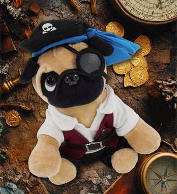 DolliBu Pug Dog Stuffed Animal with Pirate Dress Up and Name Personalization - Sea Adventure Plush Toy with Cute Pirate Costume - Hat, Shirt, Pants