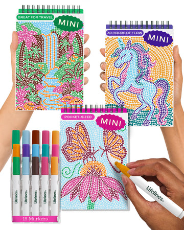 Lifelines FlowArt Activity Pads, 2-Pack & Bonus Pad - Guided Dot-by-Letter Art Meditations - 8 Double-Sided Markers & 48 Scenes - Color by