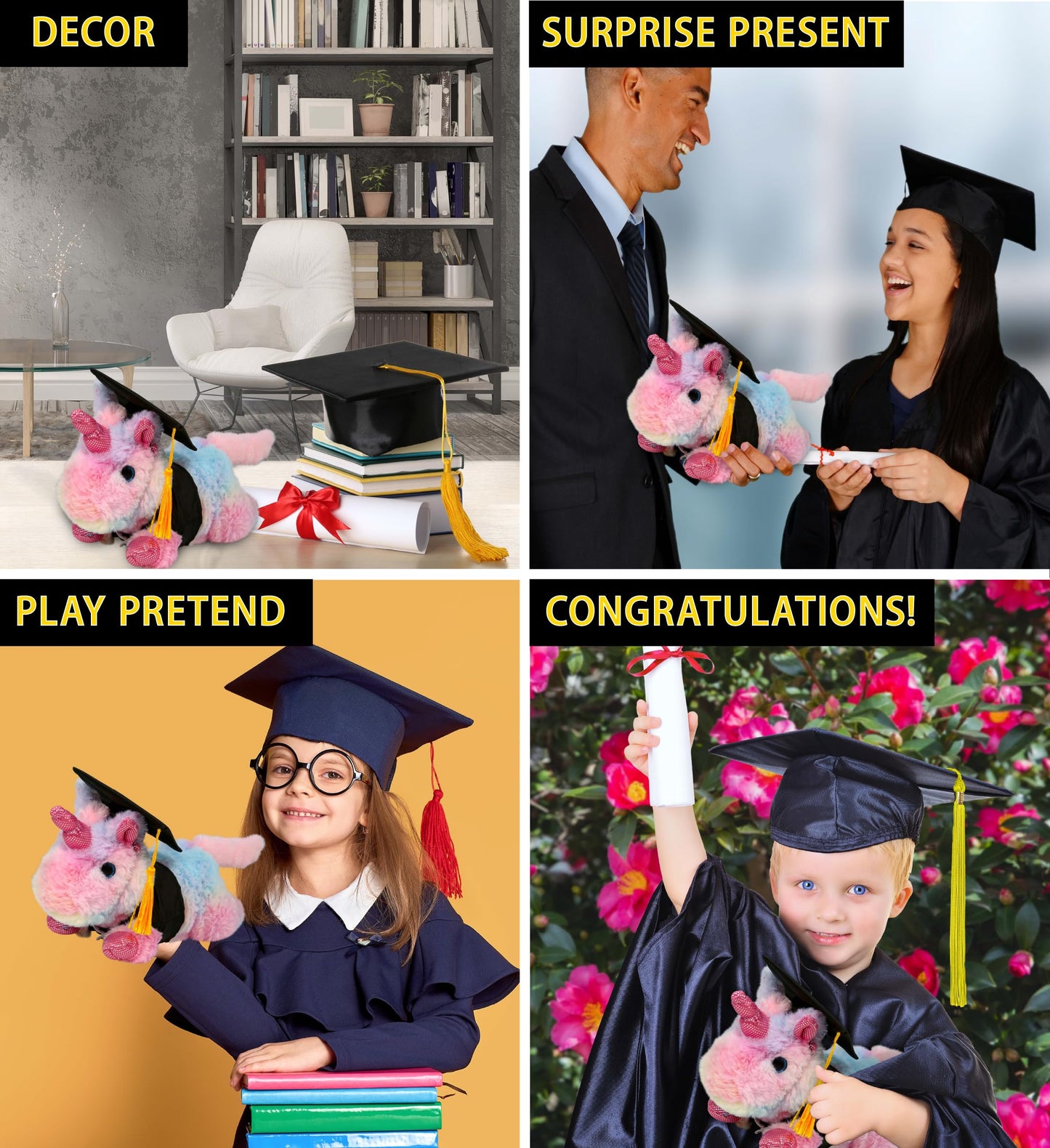 DolliBu Sunday Rainbow Unicorn Graduation Plush Toy - Cotton Candy Plush Graduation Stuffed Animal Dress Up Gown and Cap with Tassel - Gift