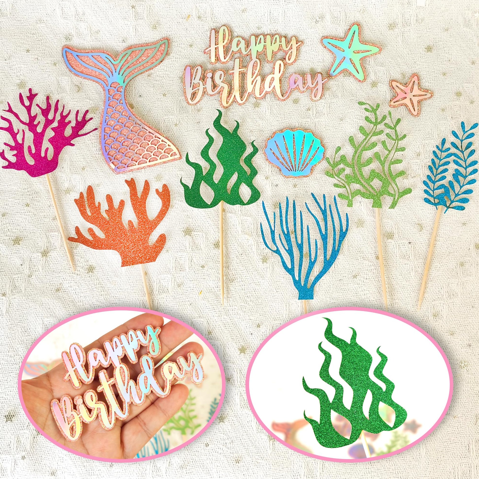 20 PCS Mermaid Cake Toppers with 3D Mermaid Seaweed Folding Fans Shell Starfish Cake Decorations (STYLE1)