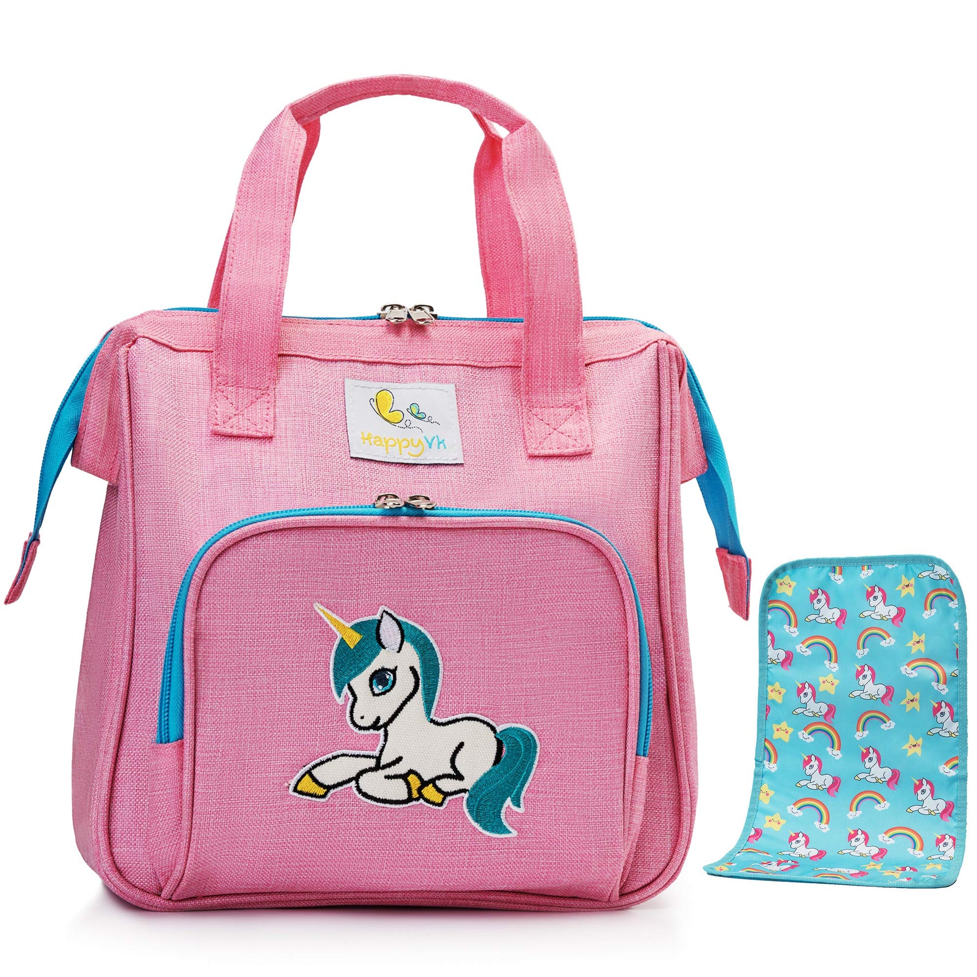 HappyVk- Pink Toy Baby Doll Diaper Bag with Changing Pad - Unicorn Embroidery - Realistic, Spacious & Comfortably Designed for Pretend Play Doll Care