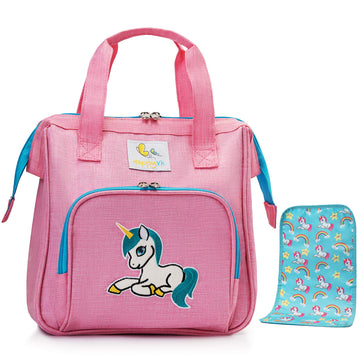 HappyVk- Pink Toy Baby Doll Diaper Bag with Changing Pad - Unicorn Embroidery - Realistic, Spacious & Comfortably Designed for Pretend Play Doll Care