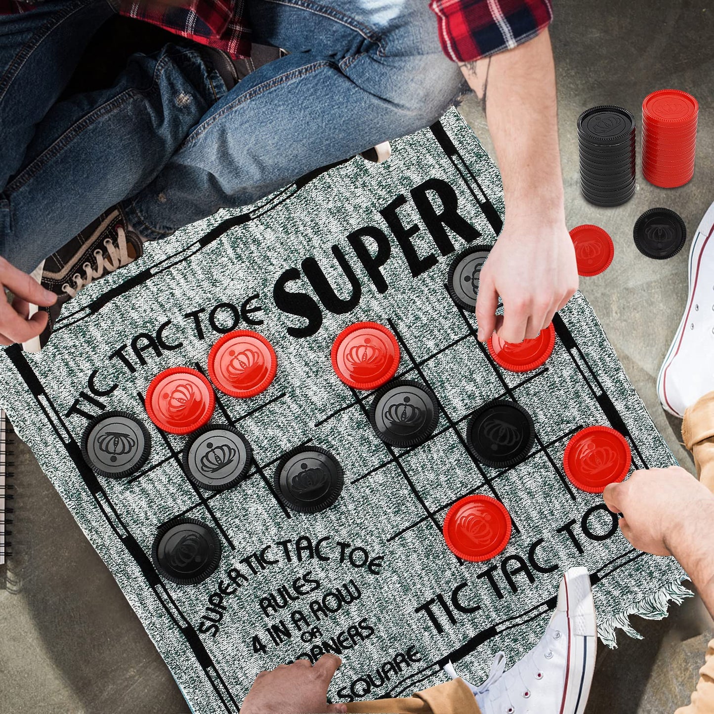 Win SPORTS 3 in 1 Giant Checkers,Mega Tic Tac Toe,Indoor Outdoor Jumbo Classic Board Games,30”Reversible Rug with 24 Checkers Pieces,Checkers Cloth