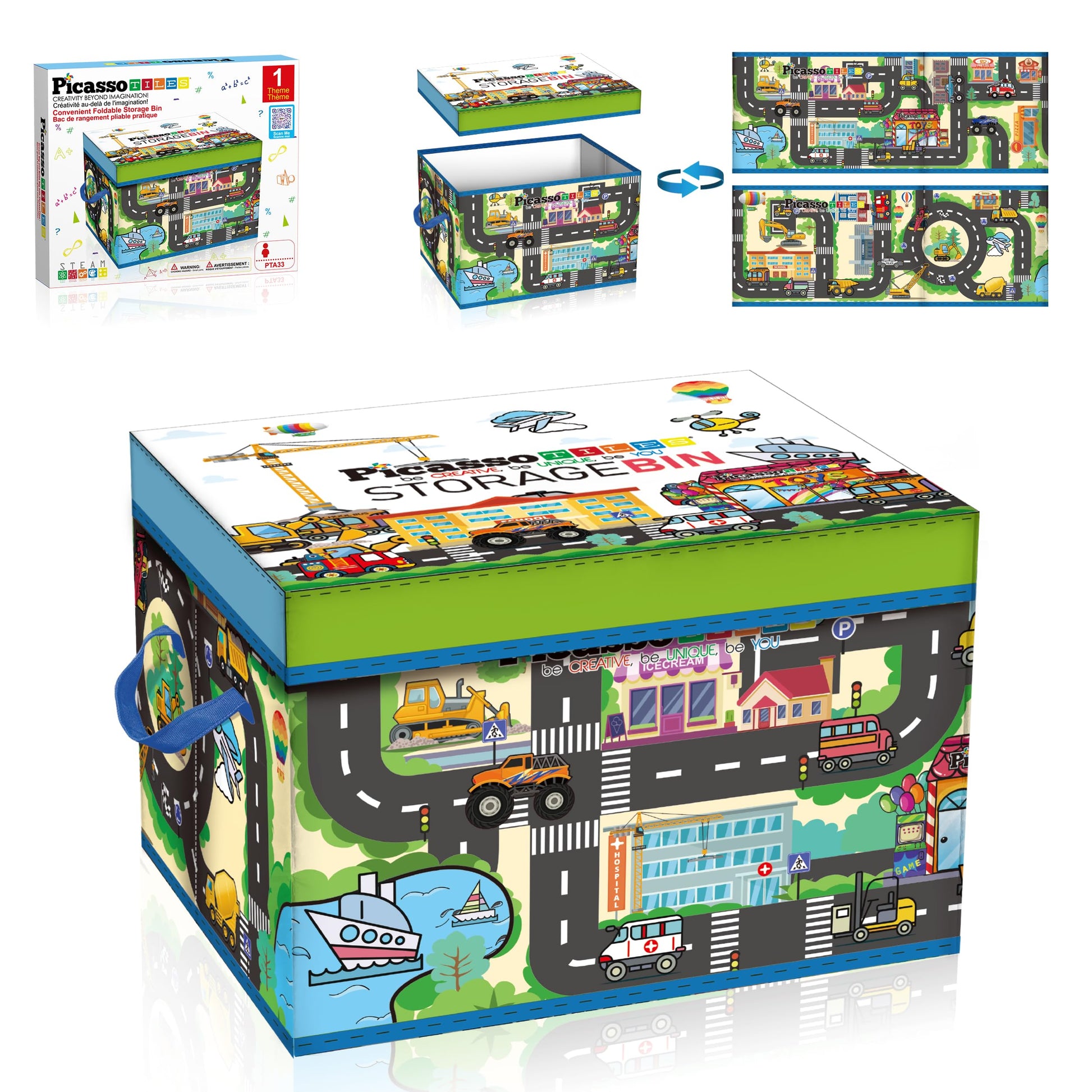 PicassoTiles Magnet Tile Toy Organizer Foldable City Theme Storage Bin Box with Lid and Handles Magnetic Tiles Building Blocks STEM Educational