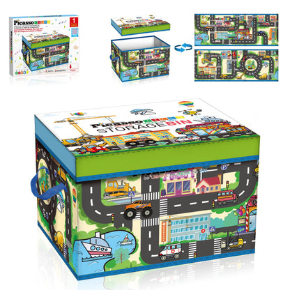 PicassoTiles Magnet Tile Toy Organizer Foldable City Theme Storage Bin Box with Lid and Handles Magnetic Tiles Building Blocks STEM Educational