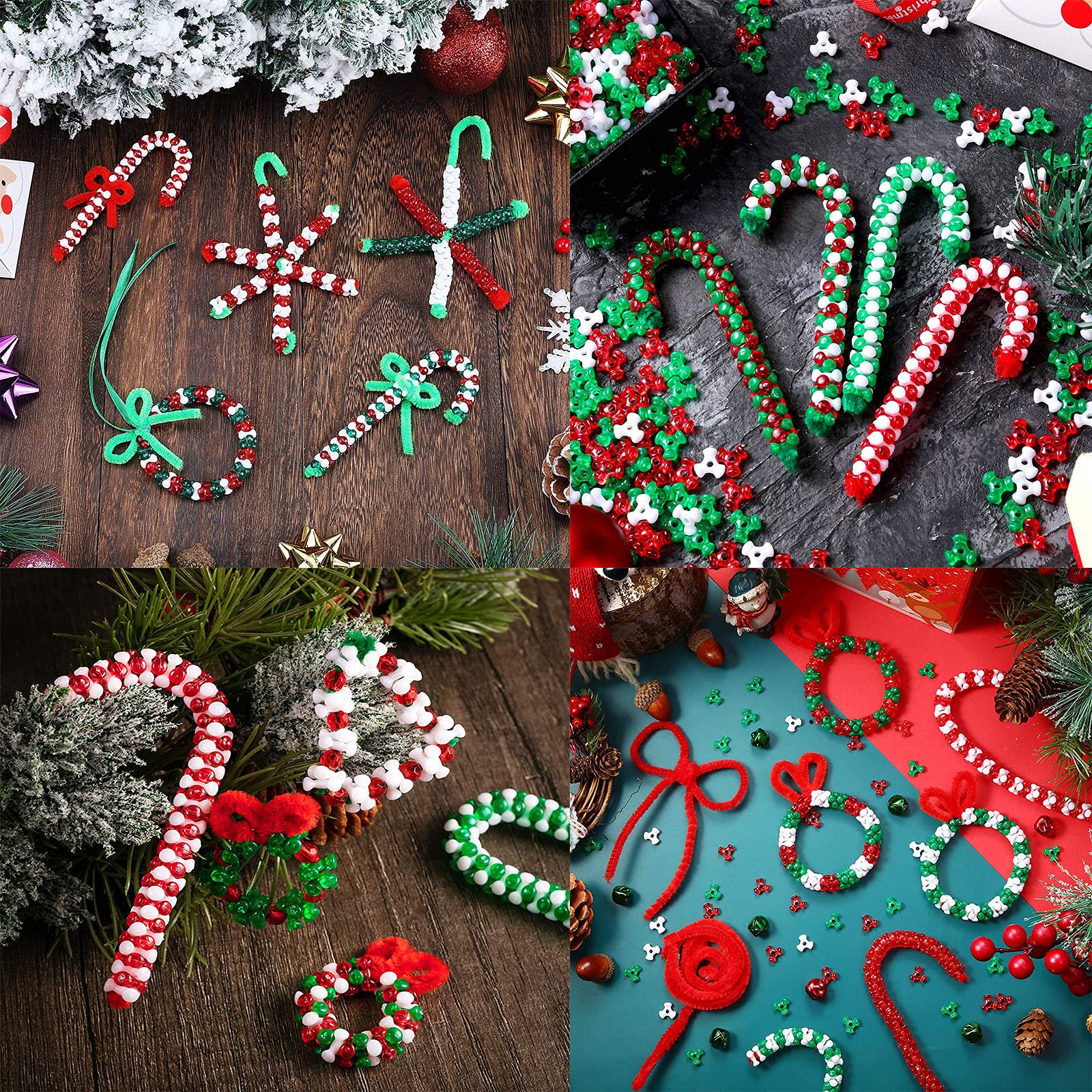 1000Pcs Christmas Tri Beads Plastic Beaded Ornament Kit with 30 Pcs Red and Green Chenille Stems Pipe Cleaners, 30 Pcs Bells and 10m Ribbon