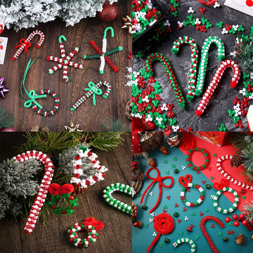 1000Pcs Christmas Tri Beads Plastic Beaded Ornament Kit with 30 Pcs Red and Green Chenille Stems Pipe Cleaners, 30 Pcs Bells and 10m Ribbon