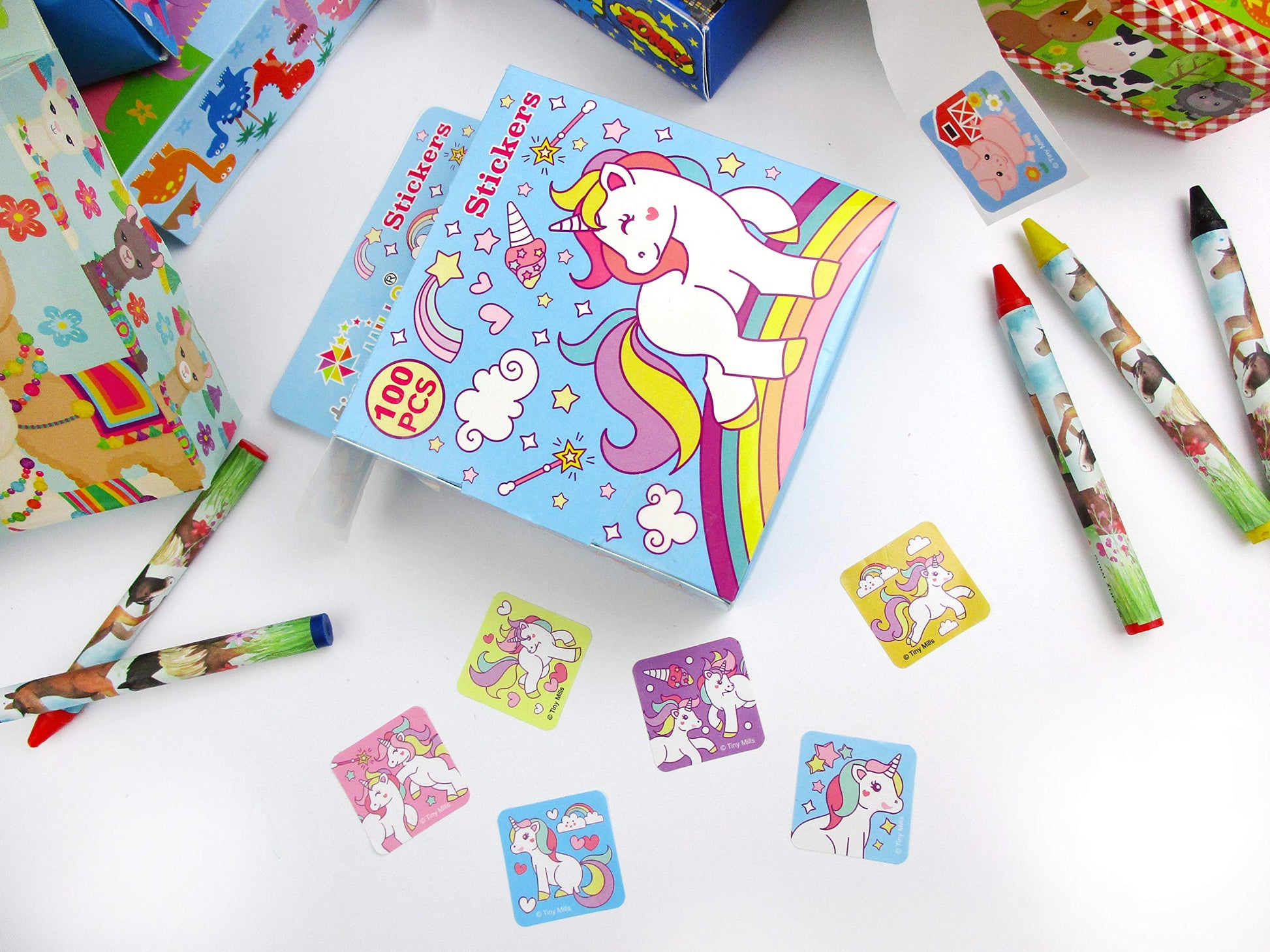 TINYMILLS Unicorn Stickers for Kids Party Favor Supplies Pack (1200 Stickers Total) Pack of 12 Sticker Dispensers with 100 Stickers/Dispenser Birthday