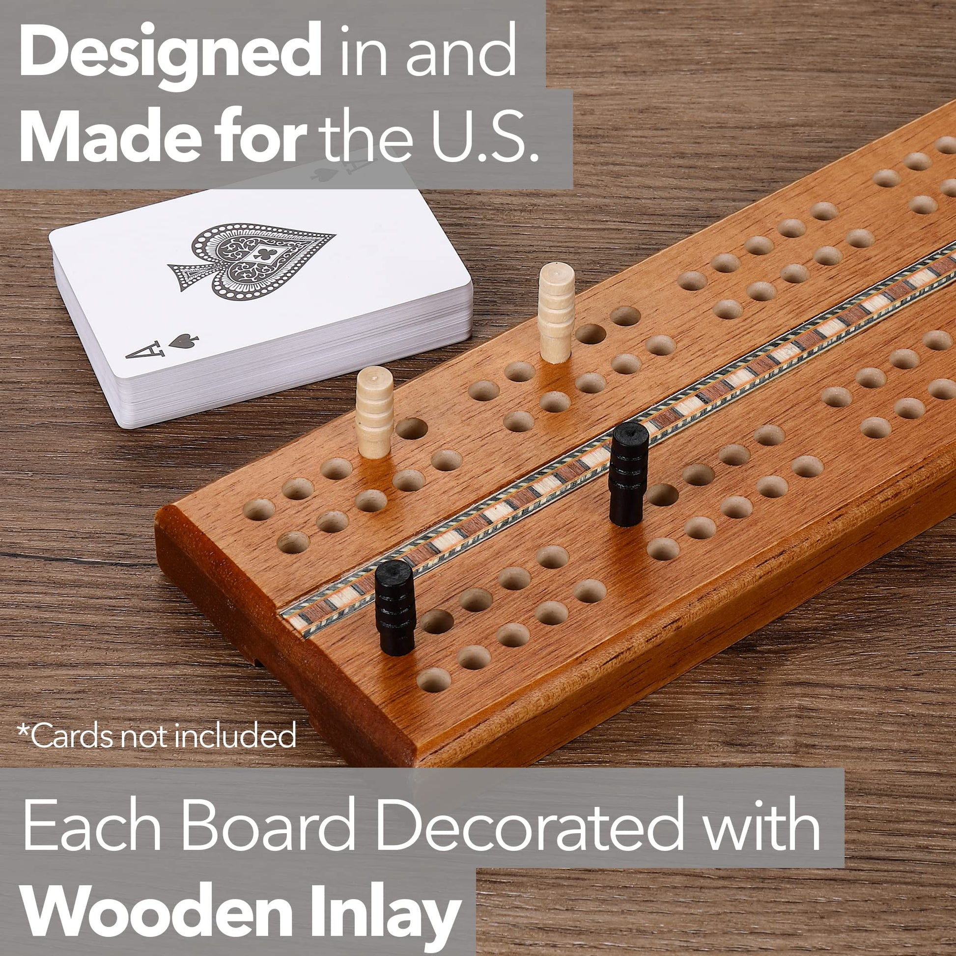 Sterling Games Extra Large Extra Long Cribbage 16" Wooden Game Board 2 Persons Double Track Board with 1/4" Holes and Italian Inlaid, Large Wooden
