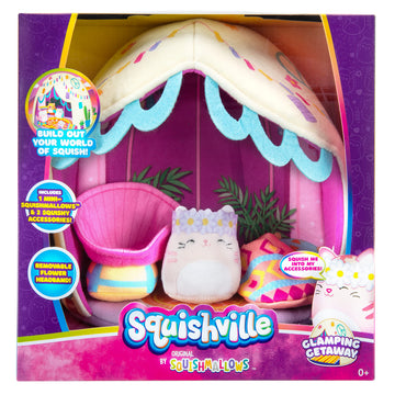 Squishville by Original Squishmallows Deluxe Glamping Playscene - Includes 2-Inch Paulita The Pink Tabby Cat, Bucket Chair, Sleeping Bag & Glamping