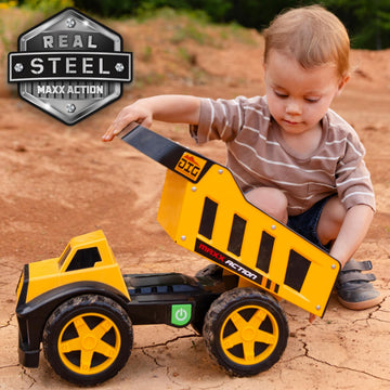 Maxx Action 16" Steel Dump Truck, Realistic Lights & Sounds, Heavy Duty Metal Truck Bed, Extra Large Wheels, Rugged Construction Vehicle Toy for Kids