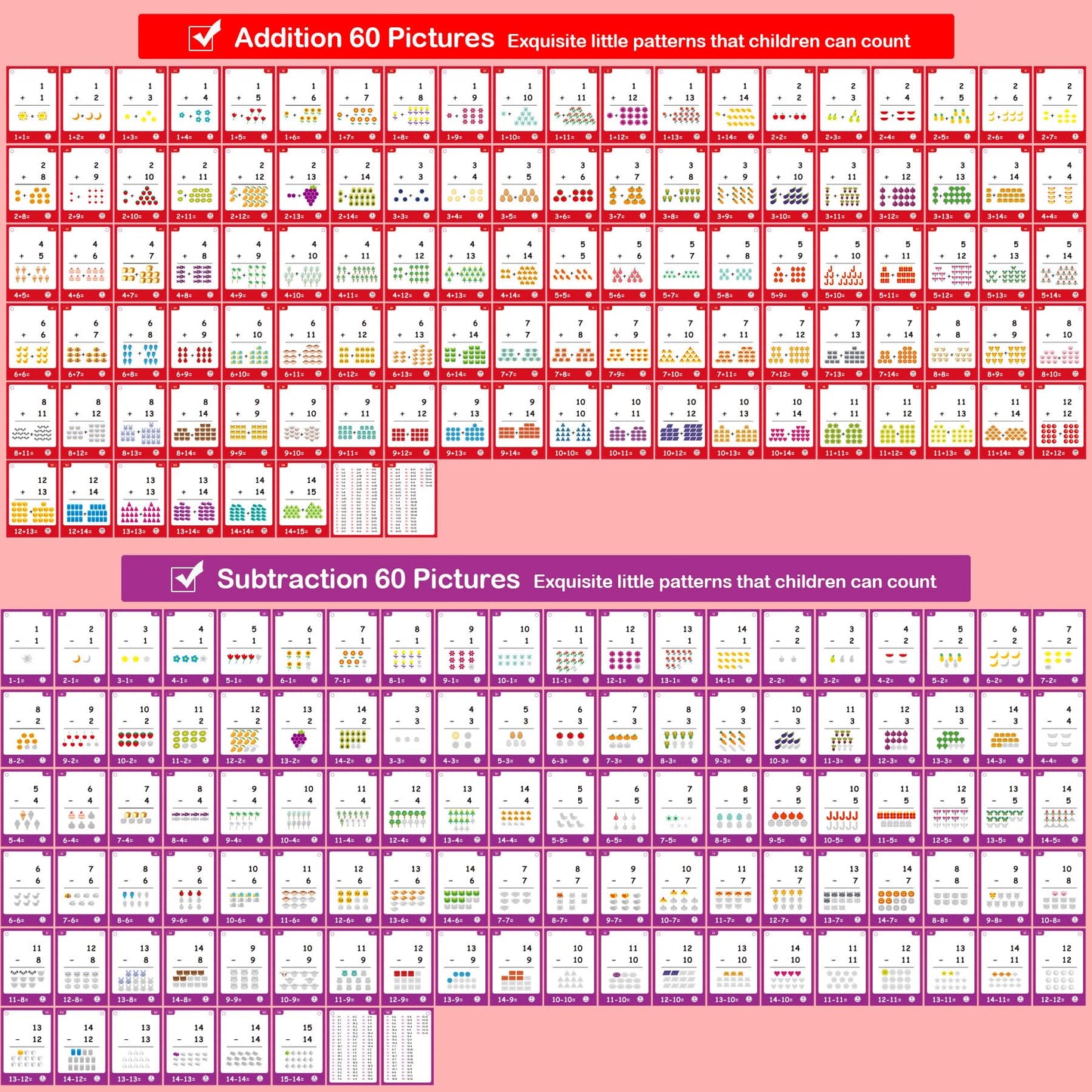 220Cards, 424Pictures Educational Math Flash Cards, Addition Subtraction Multiplication Division Flash Cards, for 7,8,9,10,11Years, 2ed, 3rd,4th,5th