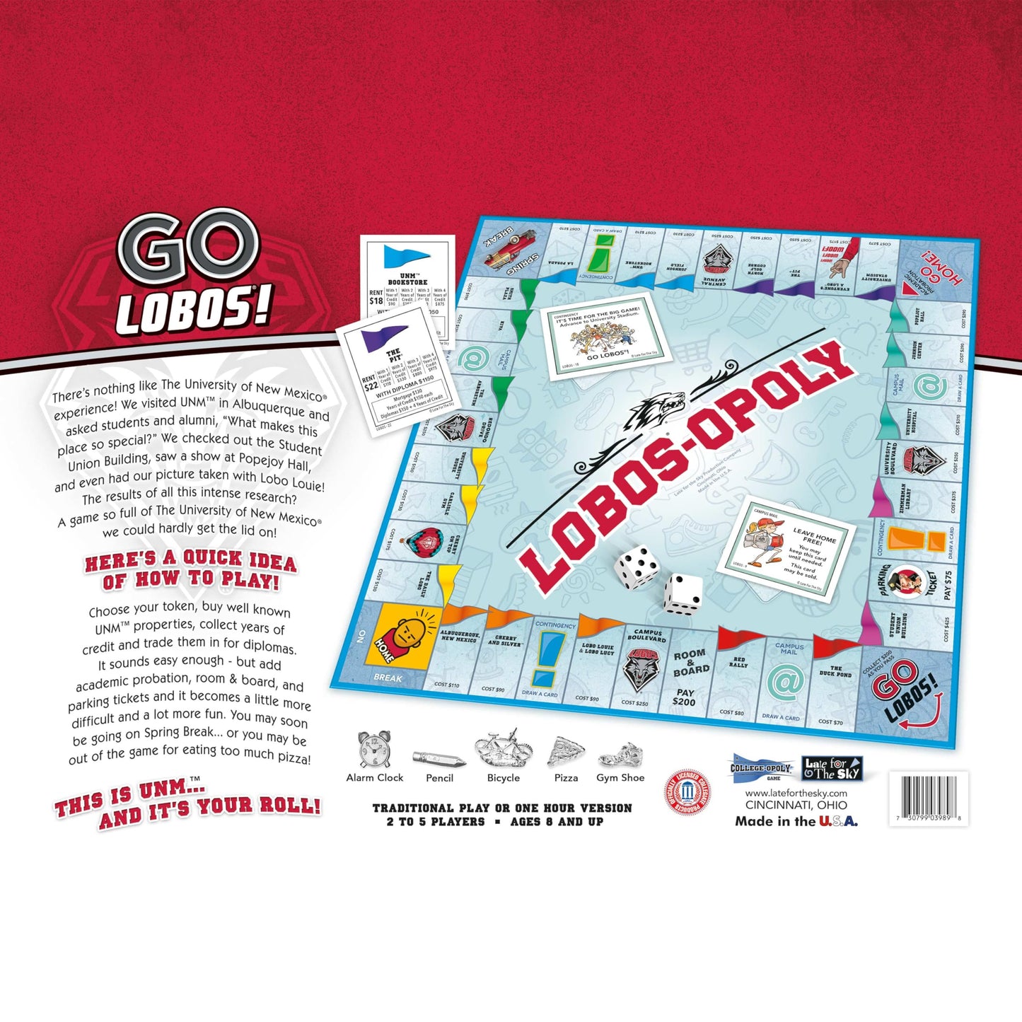 Late for The Sky Lobos-Opoly Board Game - University of New Mexico UNM Lobos Family Board Game, Campus Properties, Ages 8+, 2-6 Players, Traditional