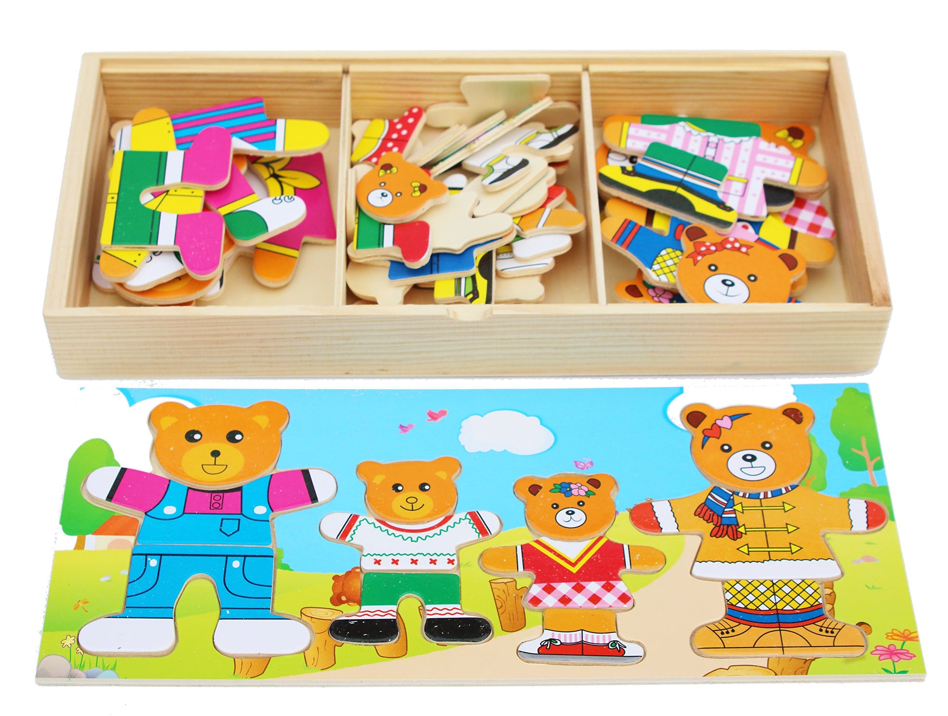 TOWO Wooden Bear Family Dress Up Puzzle Box, Sorting Matching Toy