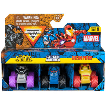 Monster Jam, Marvel Mini Monster Truck 3-Pack, Black Panther, Captain America, Iron Man Die-Cast Monster Trucks, 1:87 Scale, Kids Toys for Boys Ages 3