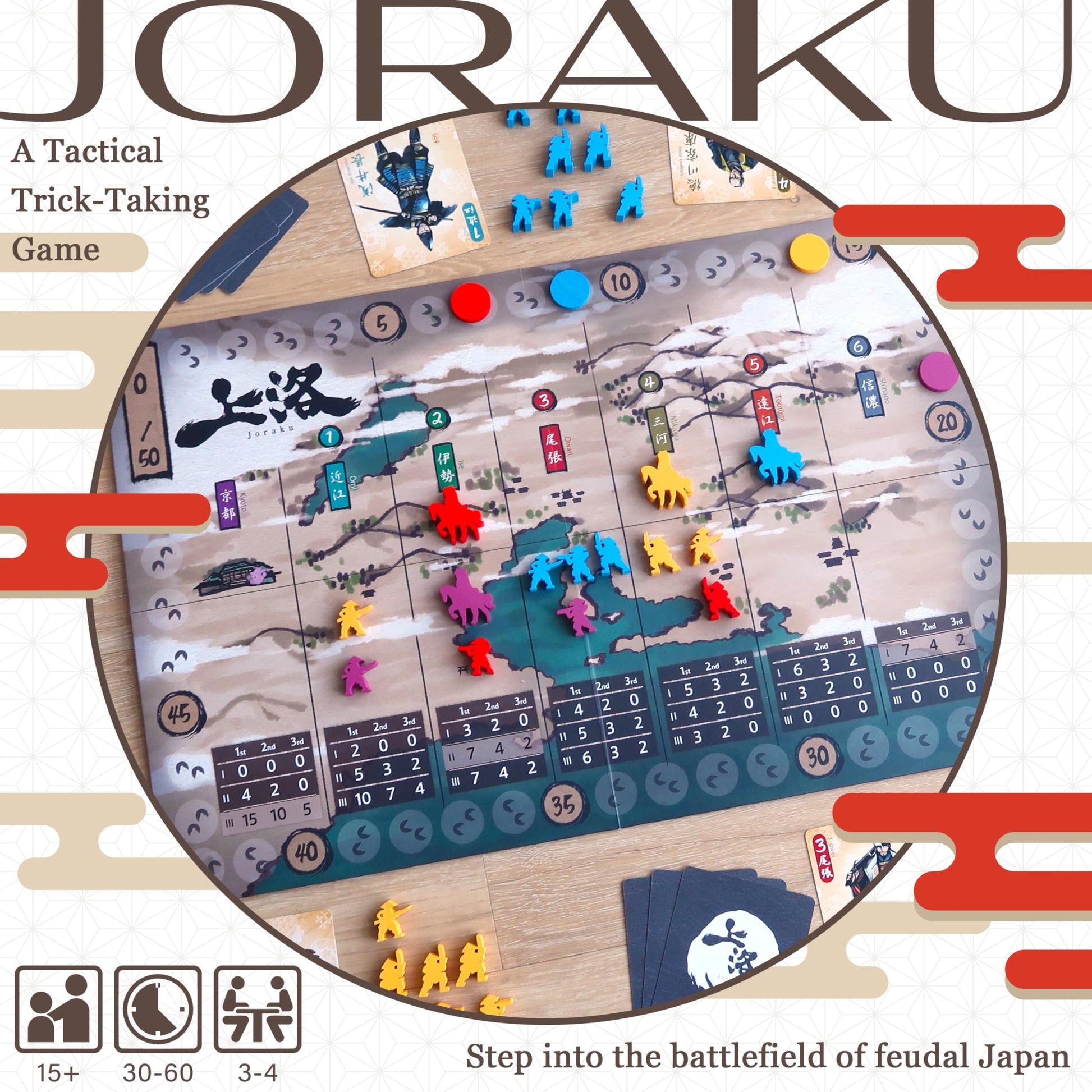 Moaideas Game Design Joraku Deluxe Strategy Board Game, 40 Wooden Samurai Meeples, Area Control and Trick-Taking Mechanics, for Strategy Game