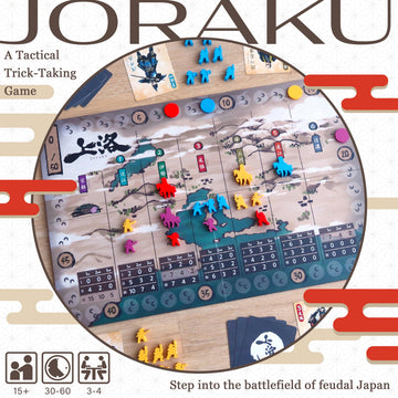 Moaideas Game Design Joraku Deluxe Strategy Board Game, 40 Wooden Samurai Meeples, Area Control and Trick-Taking Mechanics, for Strategy Game
