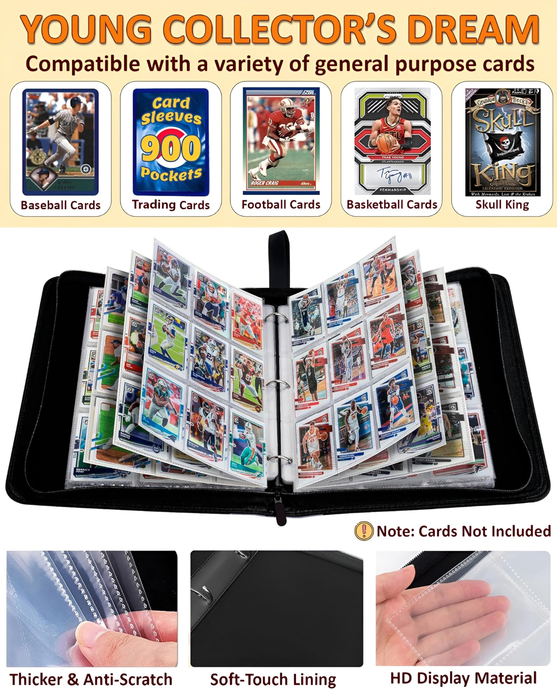 Soccer Card Binder 900 Pockets, 50 Sleeves Large Soccer Binder 3 Ring Zipper Trading Cards Holder 9 Pocket, Sport Card Collection Folder Book Storage