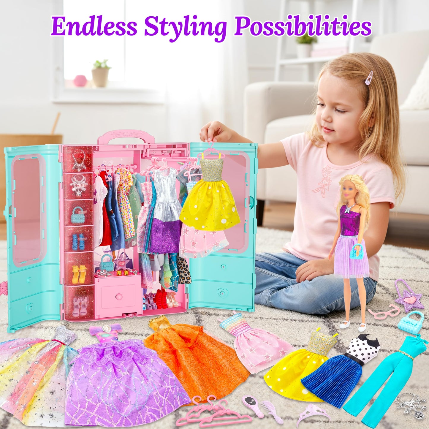 Style Shine 70 Pcs Doll Closet with Clothes & Accessories Including 2 Wedding Gowns 6 Fashion Dresses 2 Casual Outfits 2 Swimsuit 10 Shoes 20 Hangers