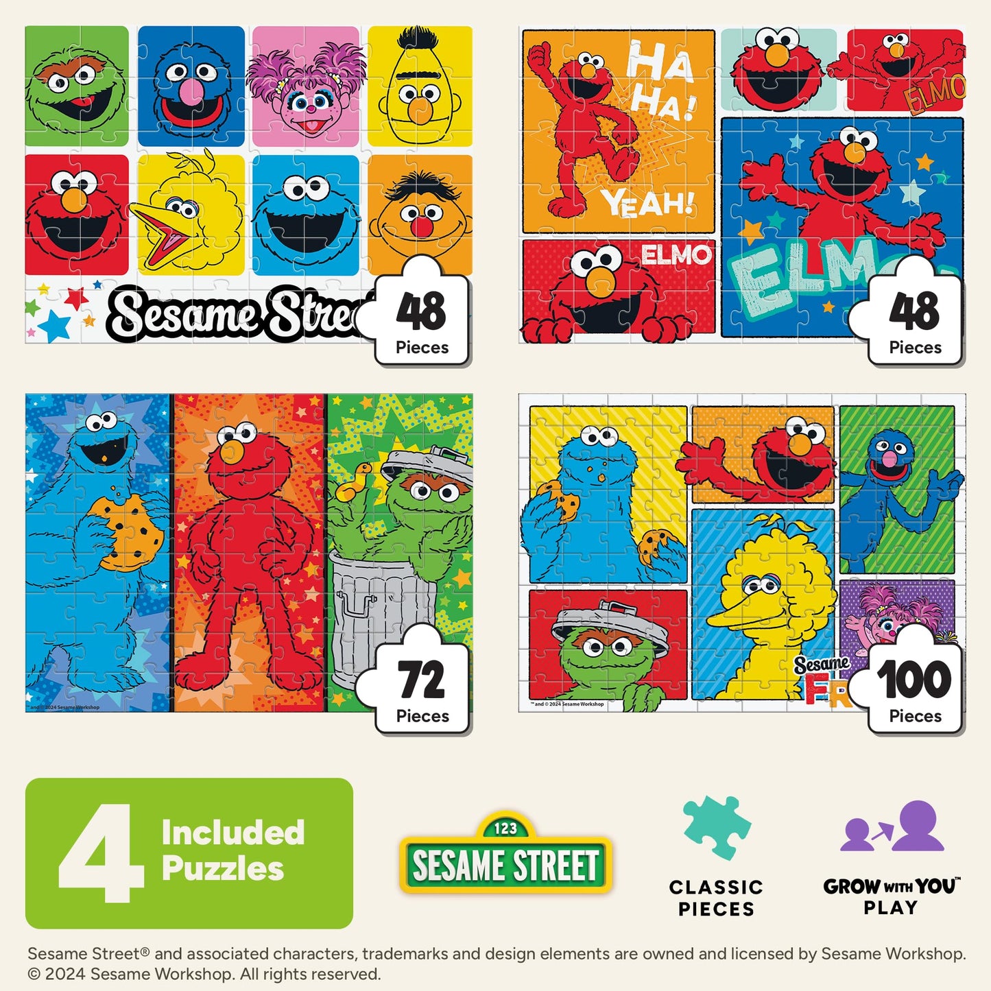 Buffalo Games - Sesame - 4 Pack Multi-Piece Puzzles for Kids Ages 3-6+