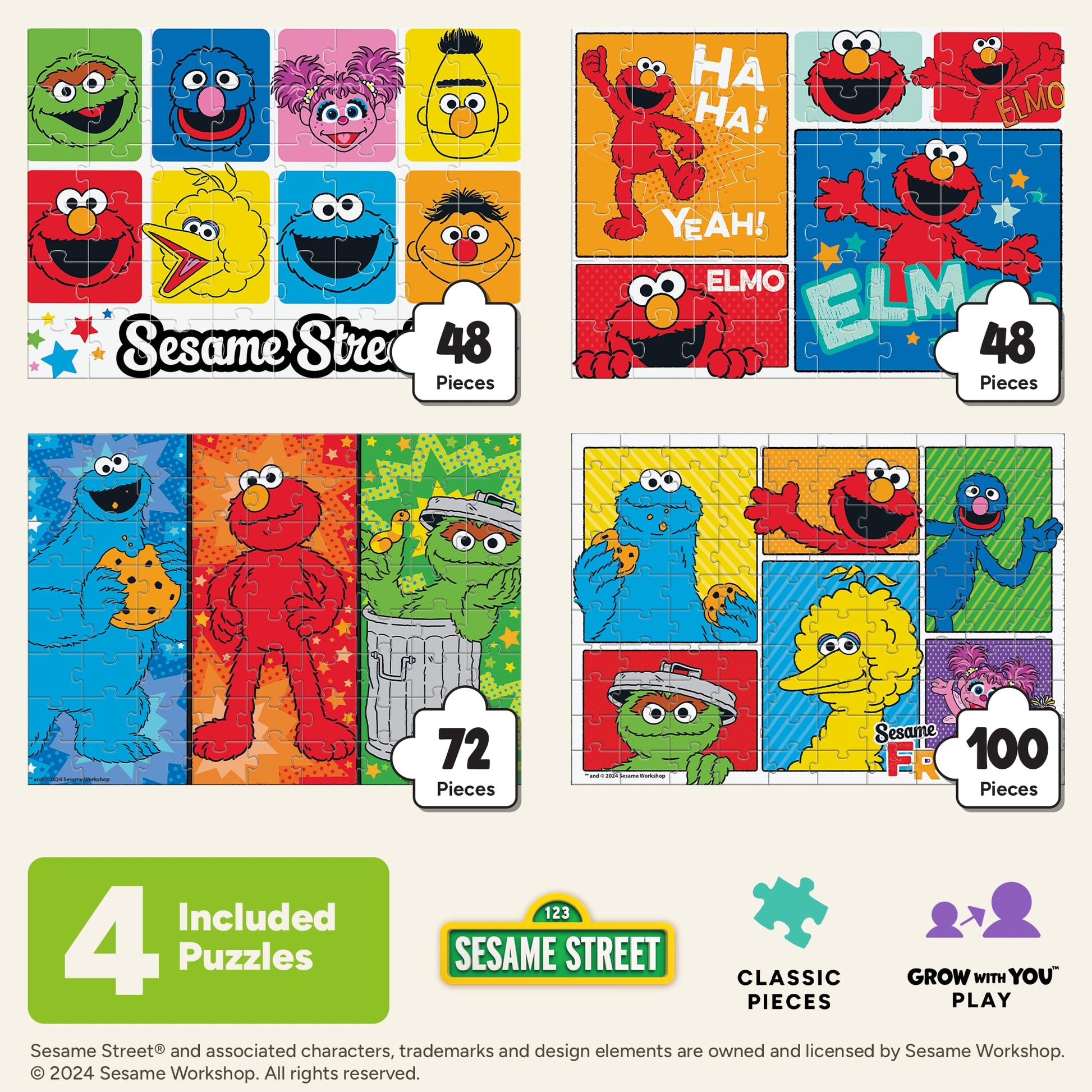 Buffalo Games - Sesame - 4 Pack Multi-Piece Puzzles for Kids Ages 3-6+