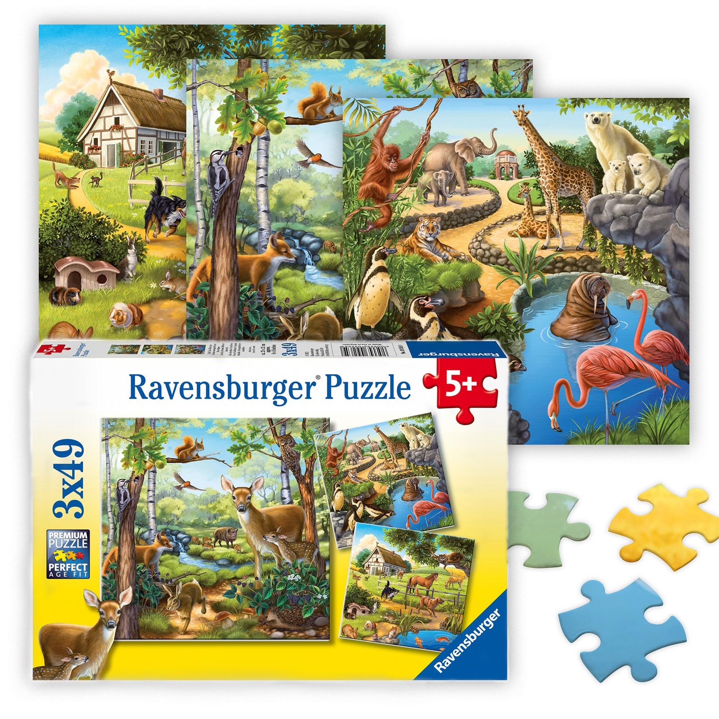 Ravensburger - Forest, Zoo & Farm Animals - 49 Piece Jigsaw Puzzle 3 Pack Set - Vibrant Colors - Deer, Horses & More - Larger Pieces - Premium Quality