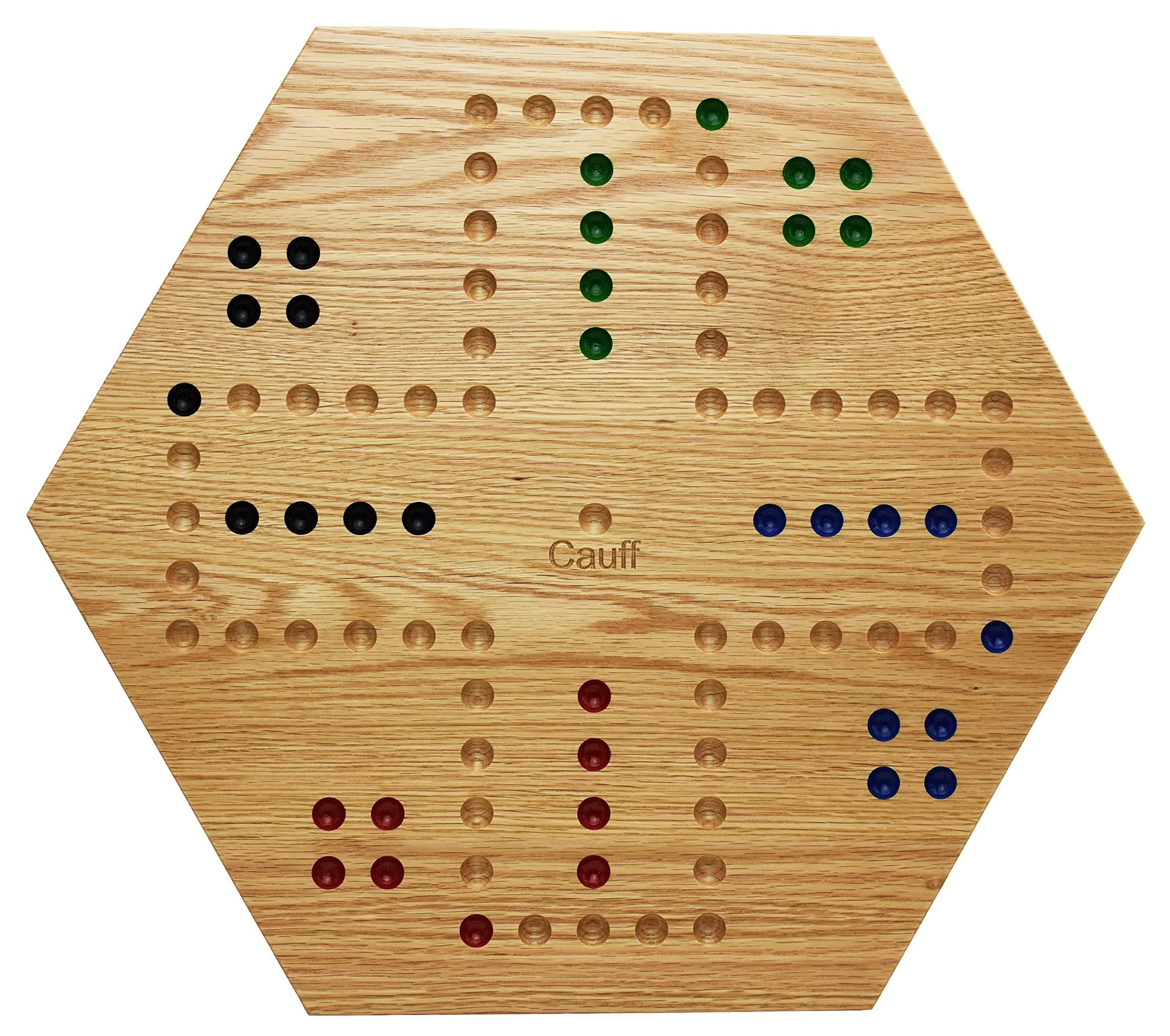 Cauff 20 Inch Solid Oak Double-Sided Marble/Wahoo Board Game with Hand-Finished and Hand-Painted Oak, Glass Marbles, Velvet Bag, 4 and 6 Player Sides