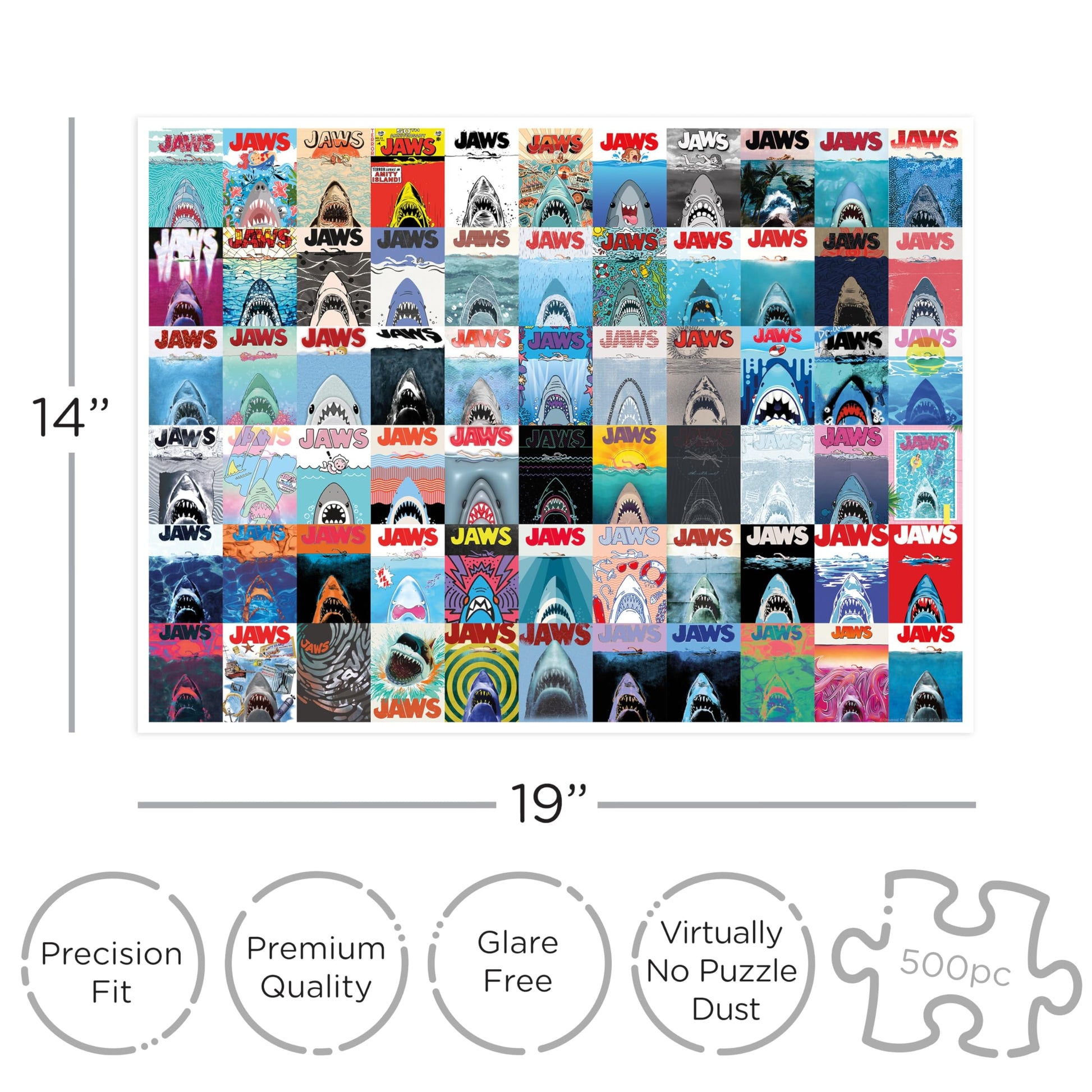 Aquarius Jaws 500 Piece Jigsaw Puzzle for Adults and Teens - 50th Anniversary Movie Art 14"x19" Merchandise Collectible Gift