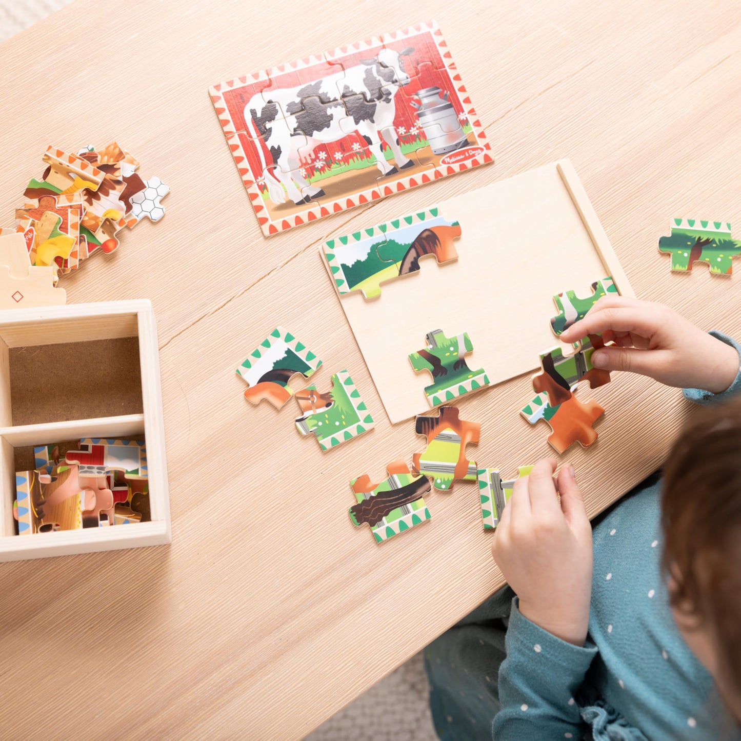 Melissa & Doug 4‑in‑1 Wooden Farm Jigsaw Puzzle Set, 48 Pieces with Storage Box, Toddler Puzzle Toy for Kids Ages 3+