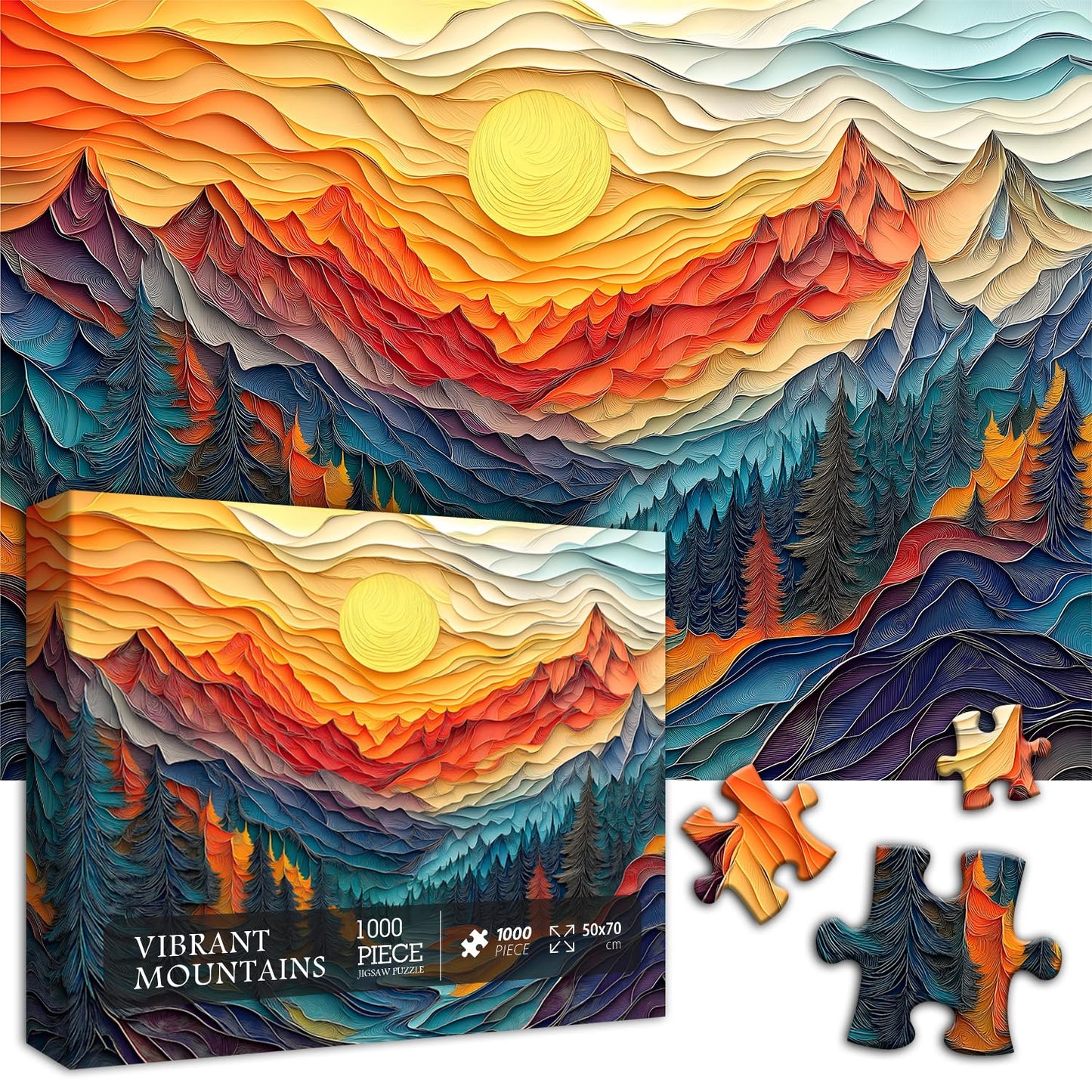 Mountain Puzzles for Adults 1000 Pieces, Nature Tree River Canyon Sunset Forest Landscape Jigsaw Puzzle Scenic, Colorful Paper Cut Art Themed