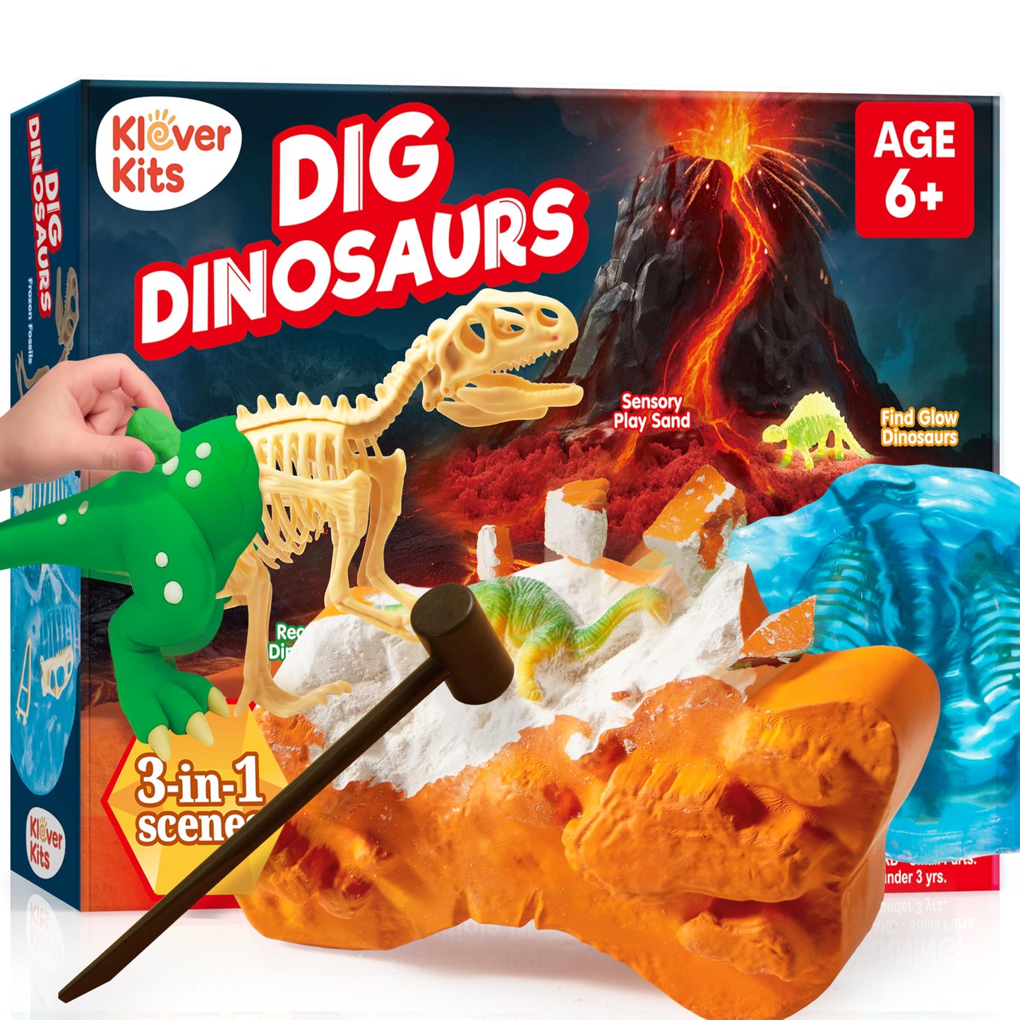 JOVA Klever Kits 3-in-1 Dinosaur Fossil Digging Kit STEM Learning Toys with Glow in The Dark Dinosaurs and Sensory Play Sand, DIY Your Own Dinosaur