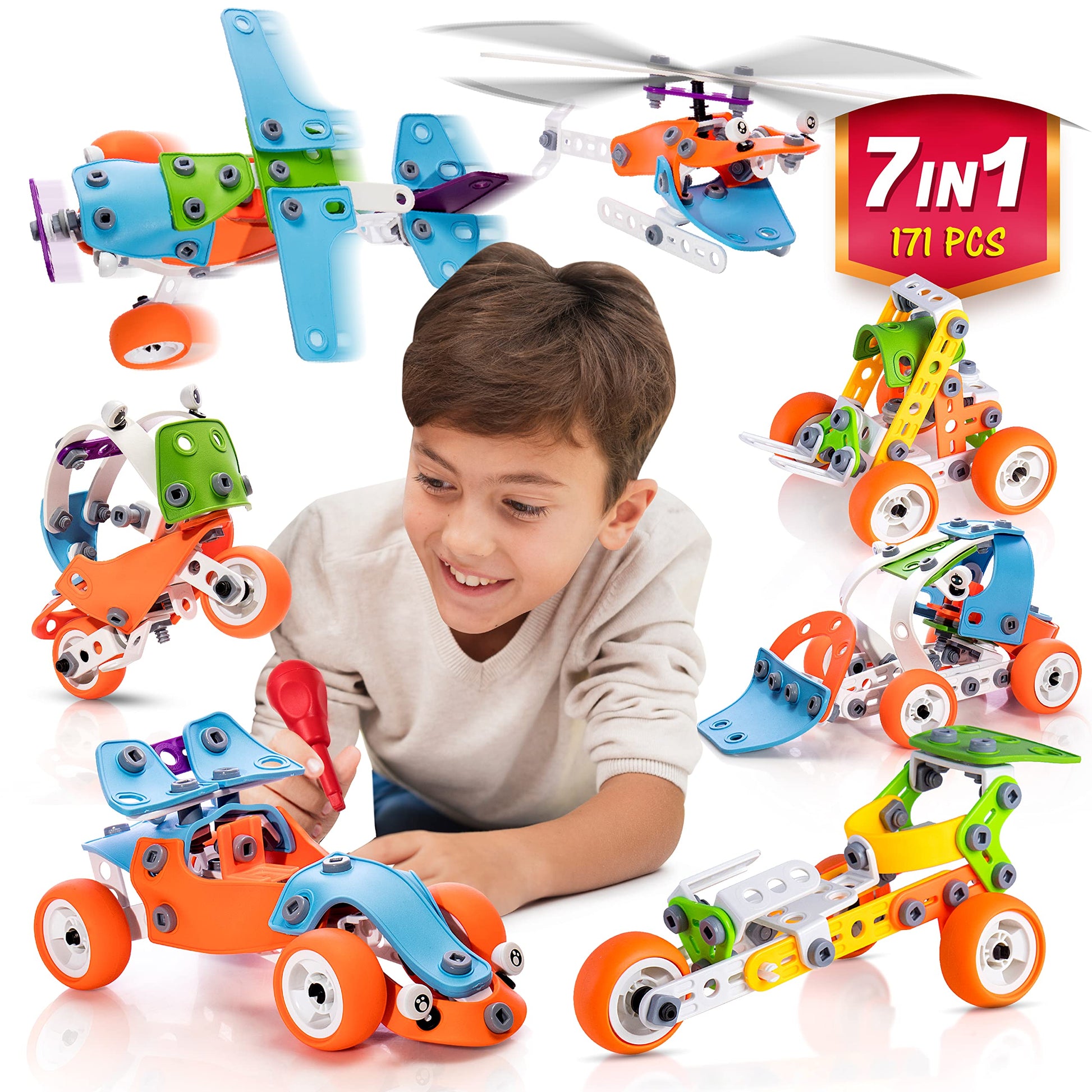 STEM Building Toy for 7-12 Year Old Boys - 7-in-1 Models Kids Love to Build and Play - 171Pcs Construction Set with Engineering Activity Kit - Best