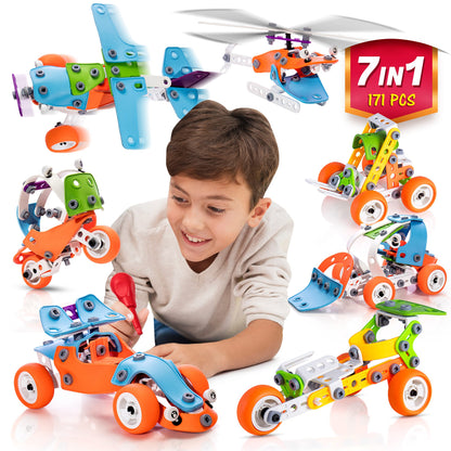 STEM Building Toy for 7-12 Year Old Boys - 7-in-1 Models Kids Love to Build and Play - 171Pcs Construction Set with Engineering Activity Kit - Best