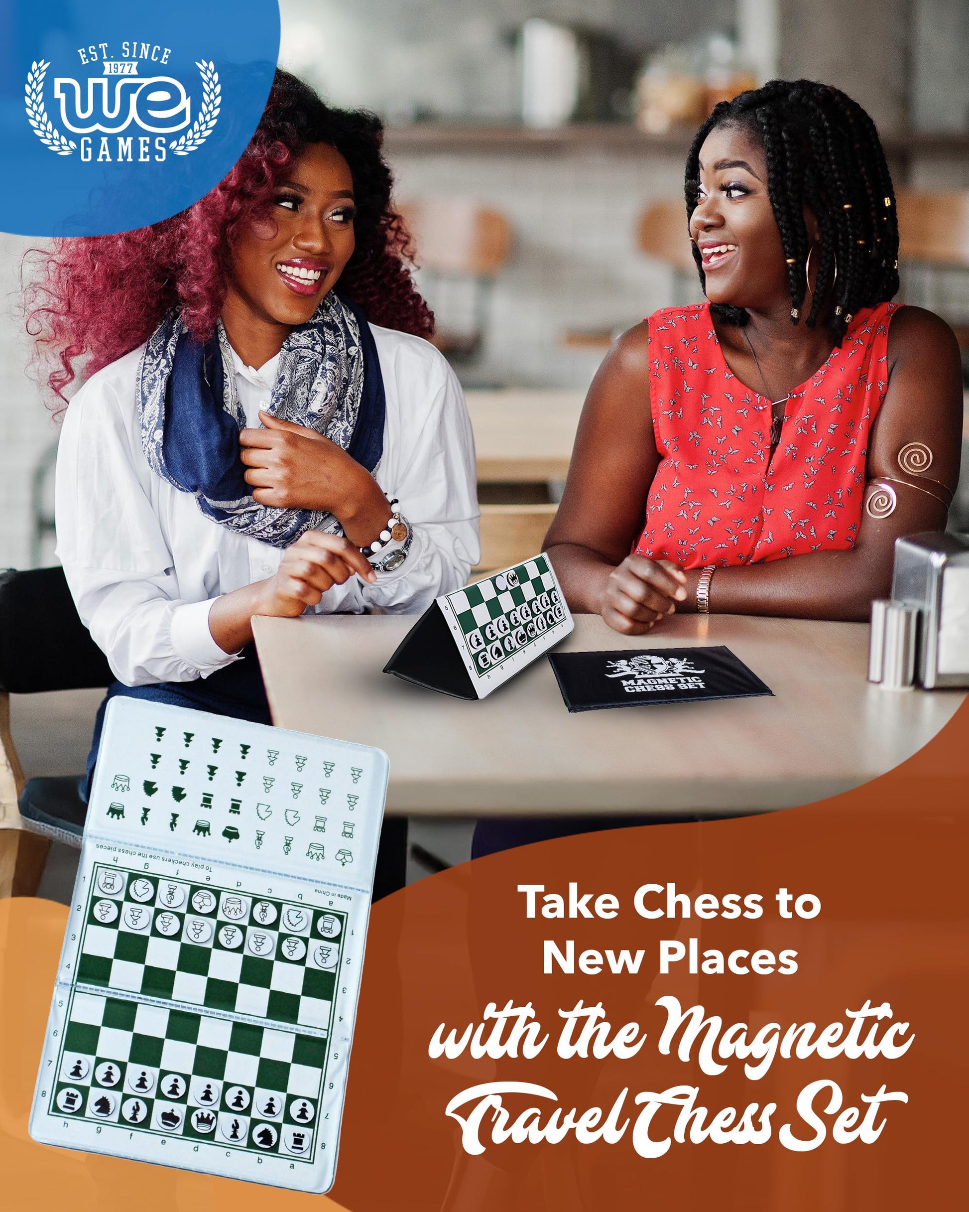 WE Games Mini Magnetic Travel Chess Set - 6-Inch Foldable Board with Durable Vinyl Pieces & Extra Queens- Indoor & Outdoor Magnetic Chess Game - White
