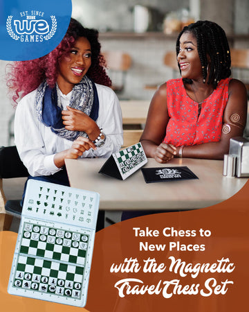 WE Games Mini Magnetic Travel Chess Set - 6-Inch Foldable Board with Durable Vinyl Pieces & Extra Queens- Indoor & Outdoor Magnetic Chess Game - White