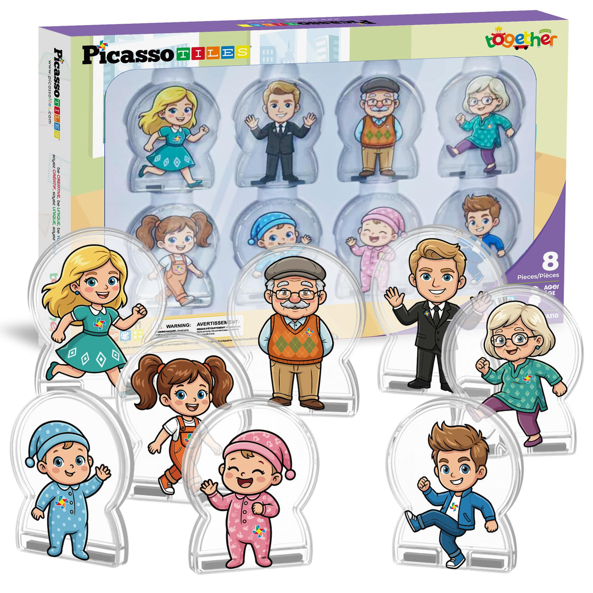 PicassoTiles 8pc Family Character Action Figures Accessory Add On Compatible with Magnet Tile Building Construction Sets STEM Pretend Play Educational