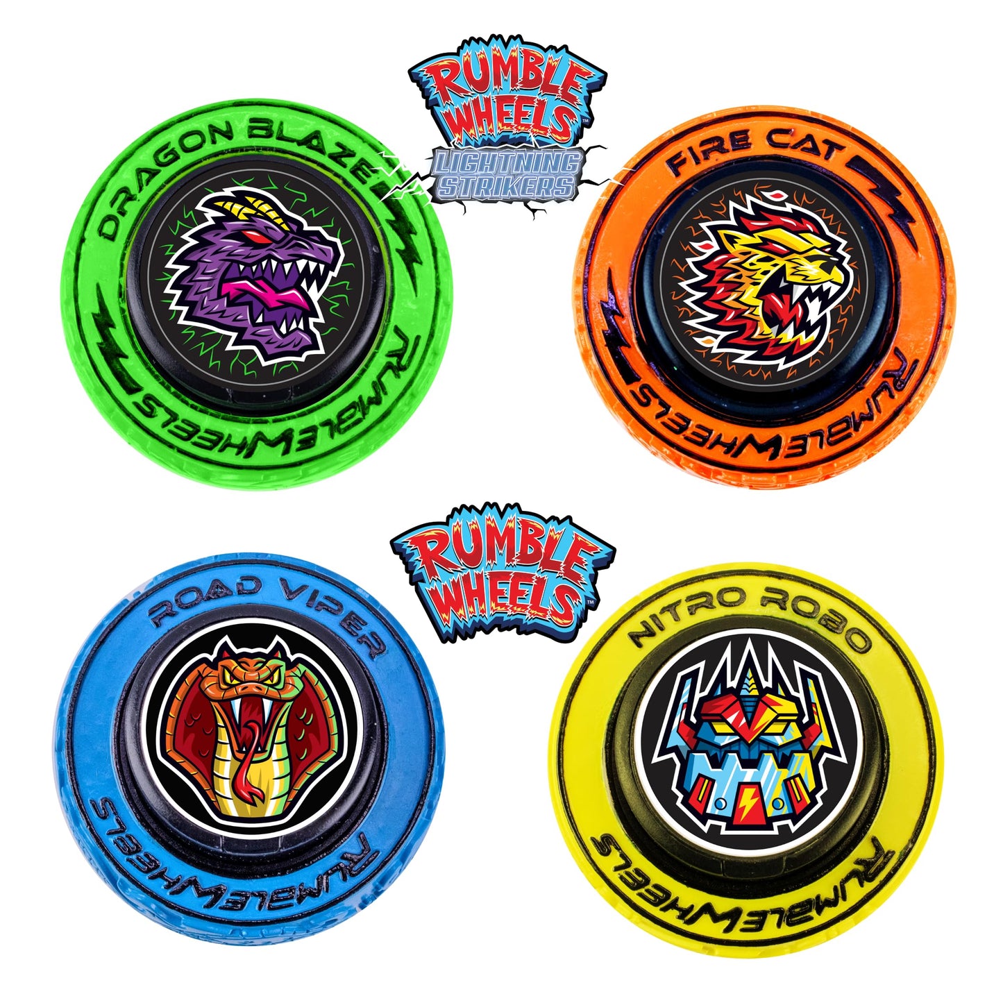 Cepia LLC Rumble Wheels Rip Cord Racing Combo 4-Pack - Battle Launch Power with Light-Up Spinning Wheels, Pull String Ripcord Racers, High-Speed Boys