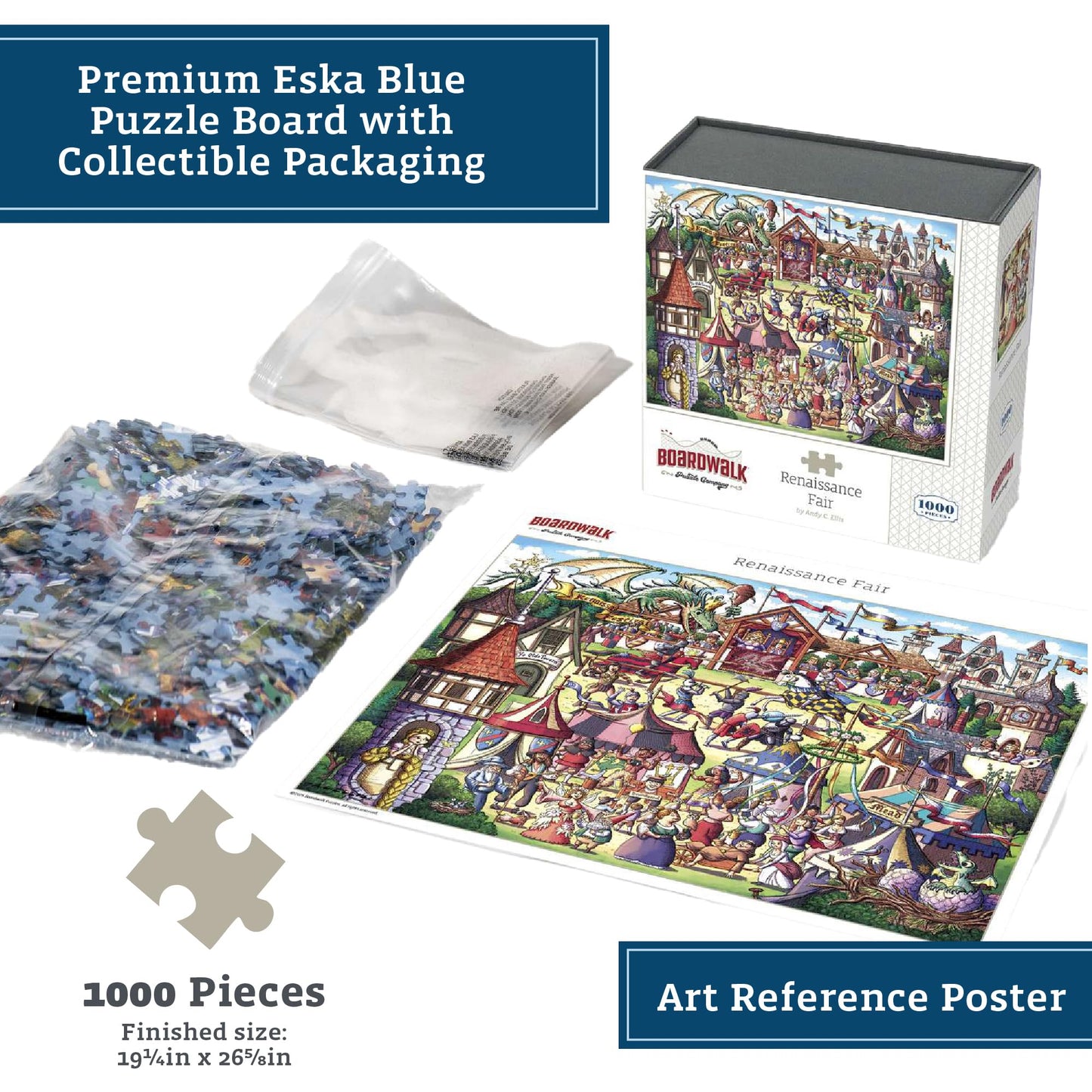 Boardwalk Renaissance Fair 1000 Piece Jigsaw Puzzle Medieval Fantasy Festival Puzzles with Premium Box, Gift for Adults and Family 19"x26"