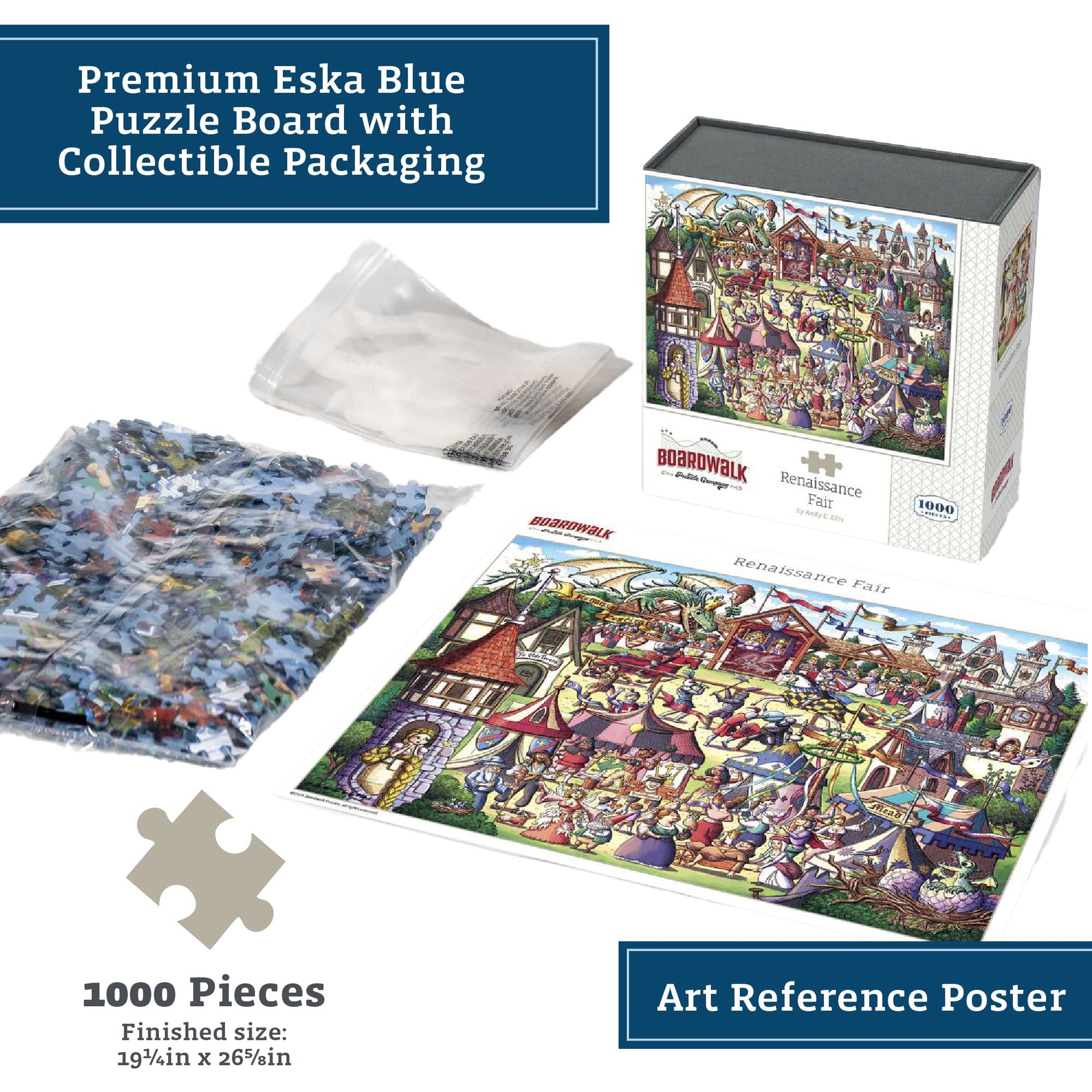Boardwalk Renaissance Fair 1000 Piece Jigsaw Puzzle Medieval Fantasy Festival Puzzles with Premium Box, Gift for Adults and Family 19"x26"