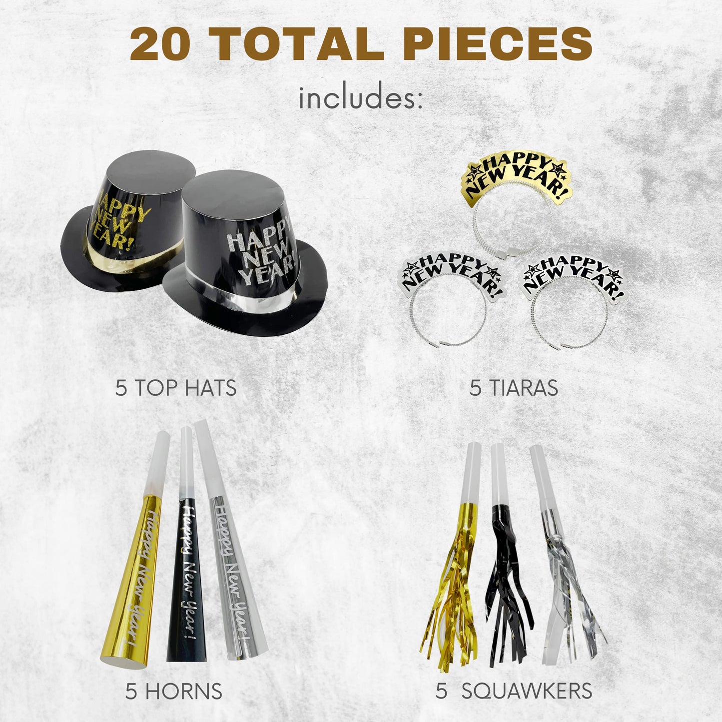4E's Novelty 20 Pcs New Years Eve Party Supplies 2026- Includes 5 Black Gold New Years Eve Hats, 5 Tiaras, & 10 New Years Eve Noise Makers, Happy New
