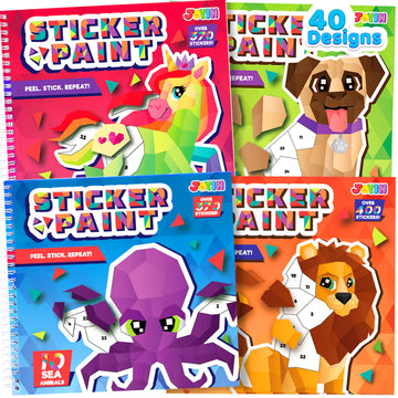JOYIN 4-Pack Crafts for Kids Sticker Paint Book Gift Party Favor - Paint by Stickers Numbers for Kids Traveling - Safari Unicorn Dog Sea Animals
