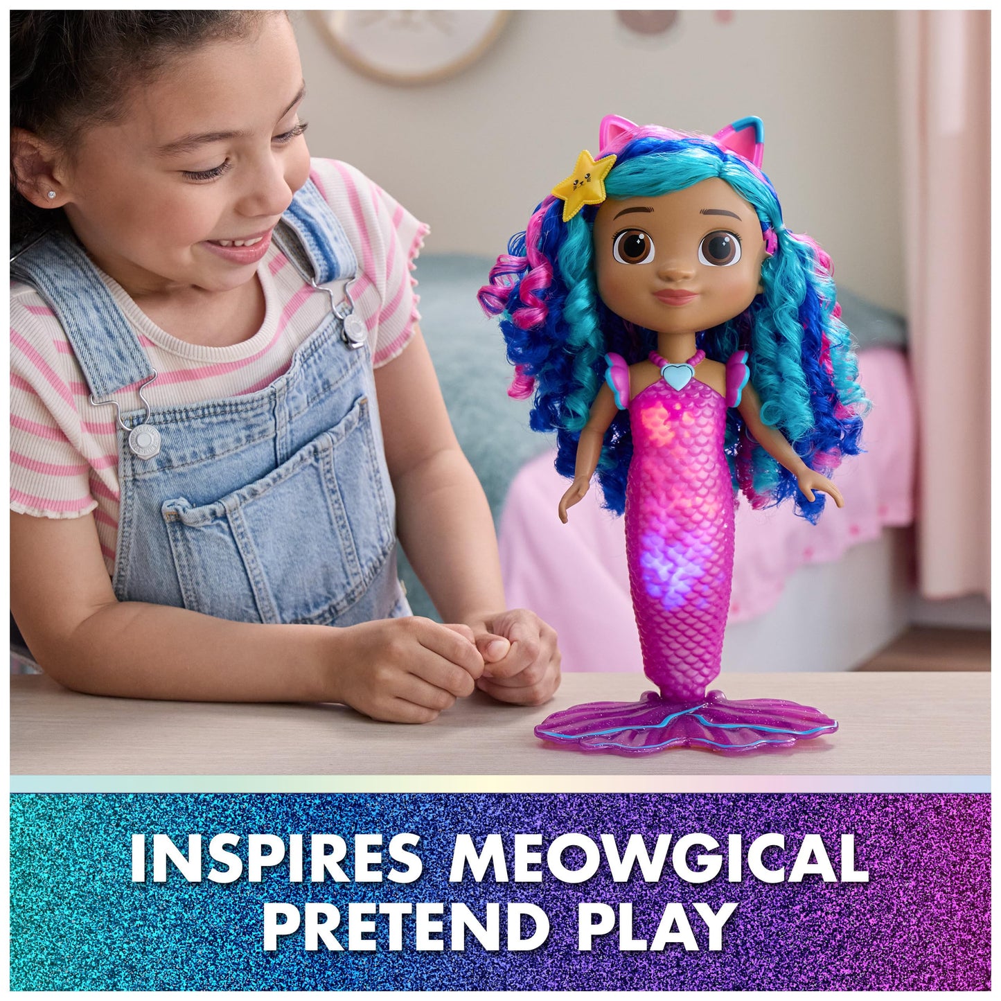 DreamWorks GABBY'S Dollhouse The Movie, Sing & Shine Mermaid Gabby, Waterproof Mermaid Doll with Lights & Sounds, Kids Toys for Girls & Boys Ages 3