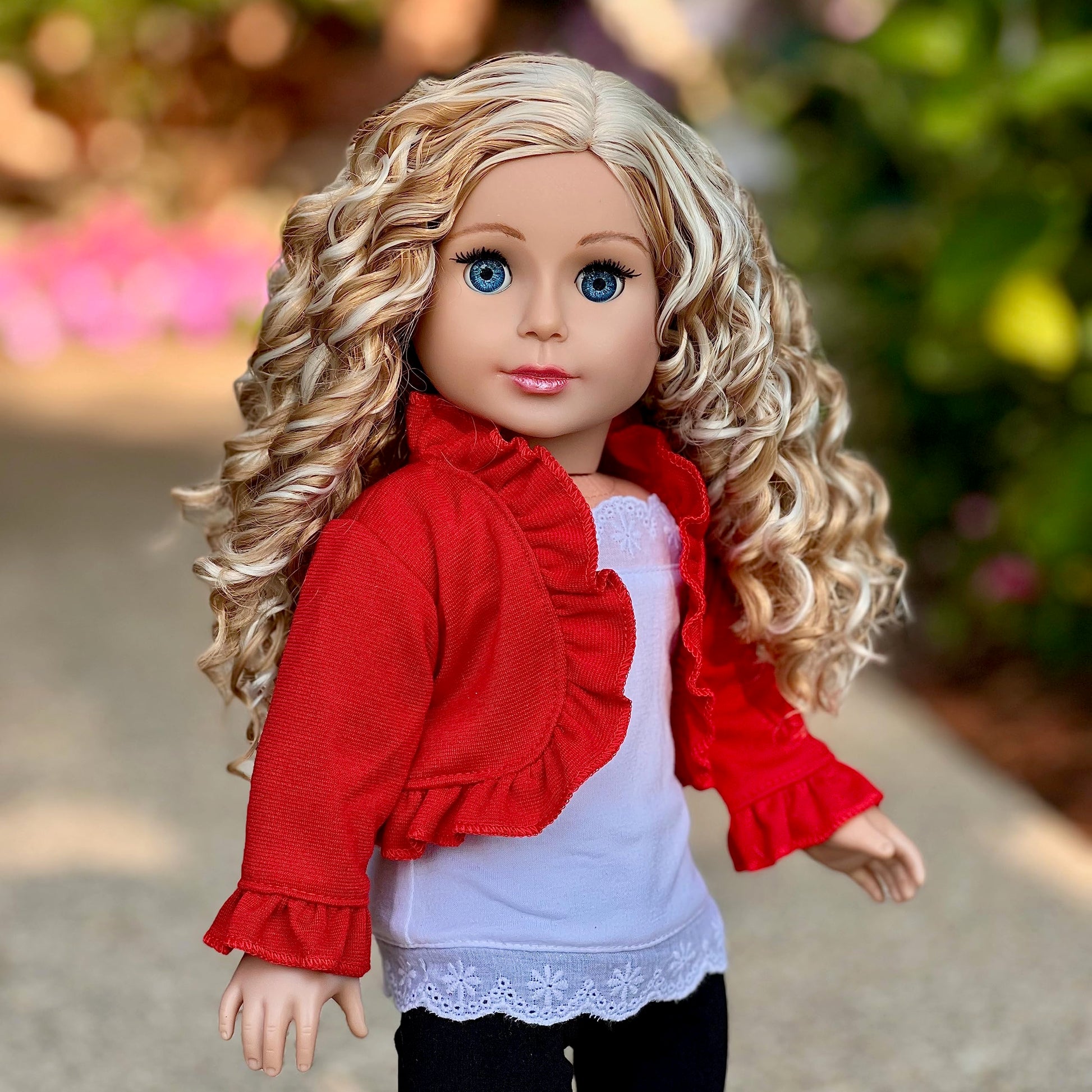 Uptown Girl - 4 Piece Outfit - Red Ruffled Jacket, White Tank Top, Black Leggings and Boots - Clothes Fits 18 Inch Doll (Doll Not Included)