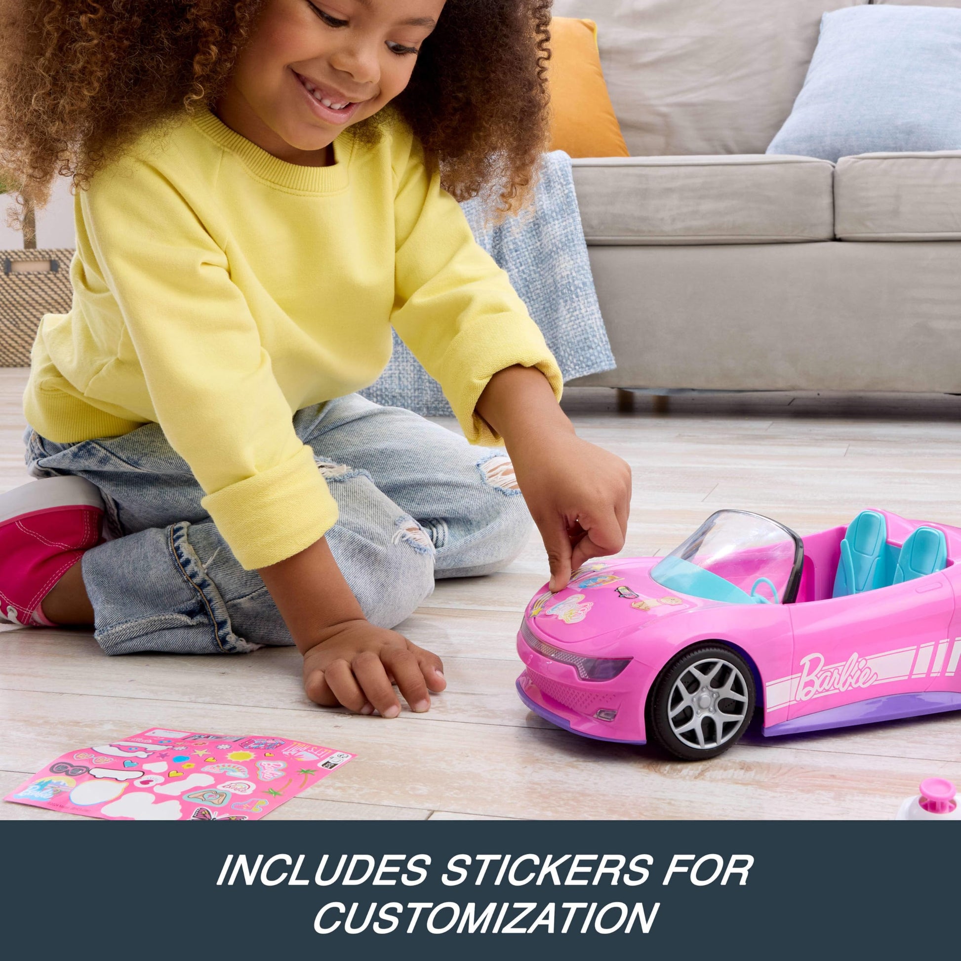 Hot Wheels Barbie RC Toy Car, Remote-Control Pink Convertible, Can Hold 2 Barbie Fashion Dolls & Trunk Opens for Storage, Sticker Sheet